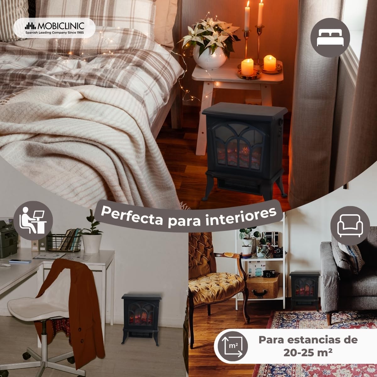 Mobiclinic® Chimenea Eléctrica de Pie Portátil 900/1800W Llama 3D Realista Temperatura Regulable 25 m²