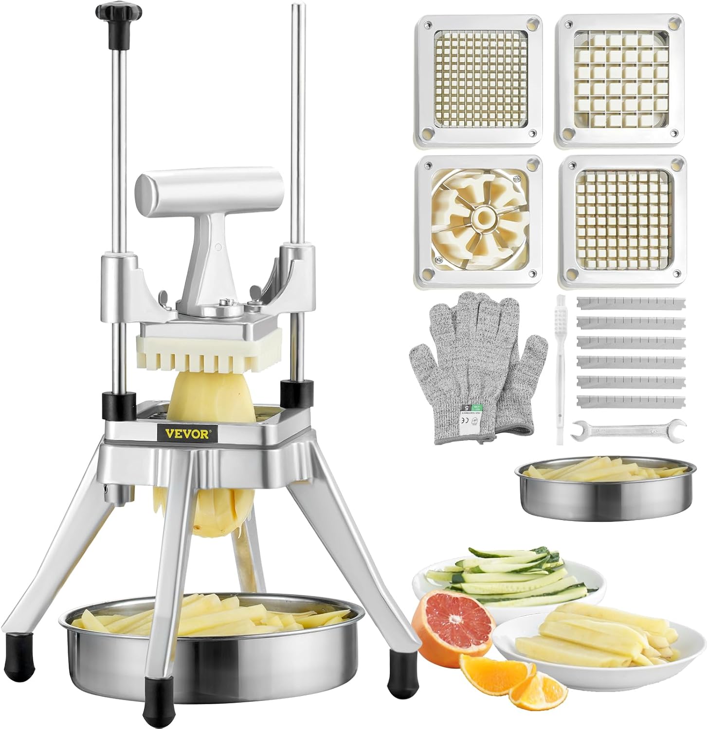 VEVOR Commercial Vegetable Fruit Chopper, Stainless Steel French Fry Cutter with 4 Blades 1/4" 3