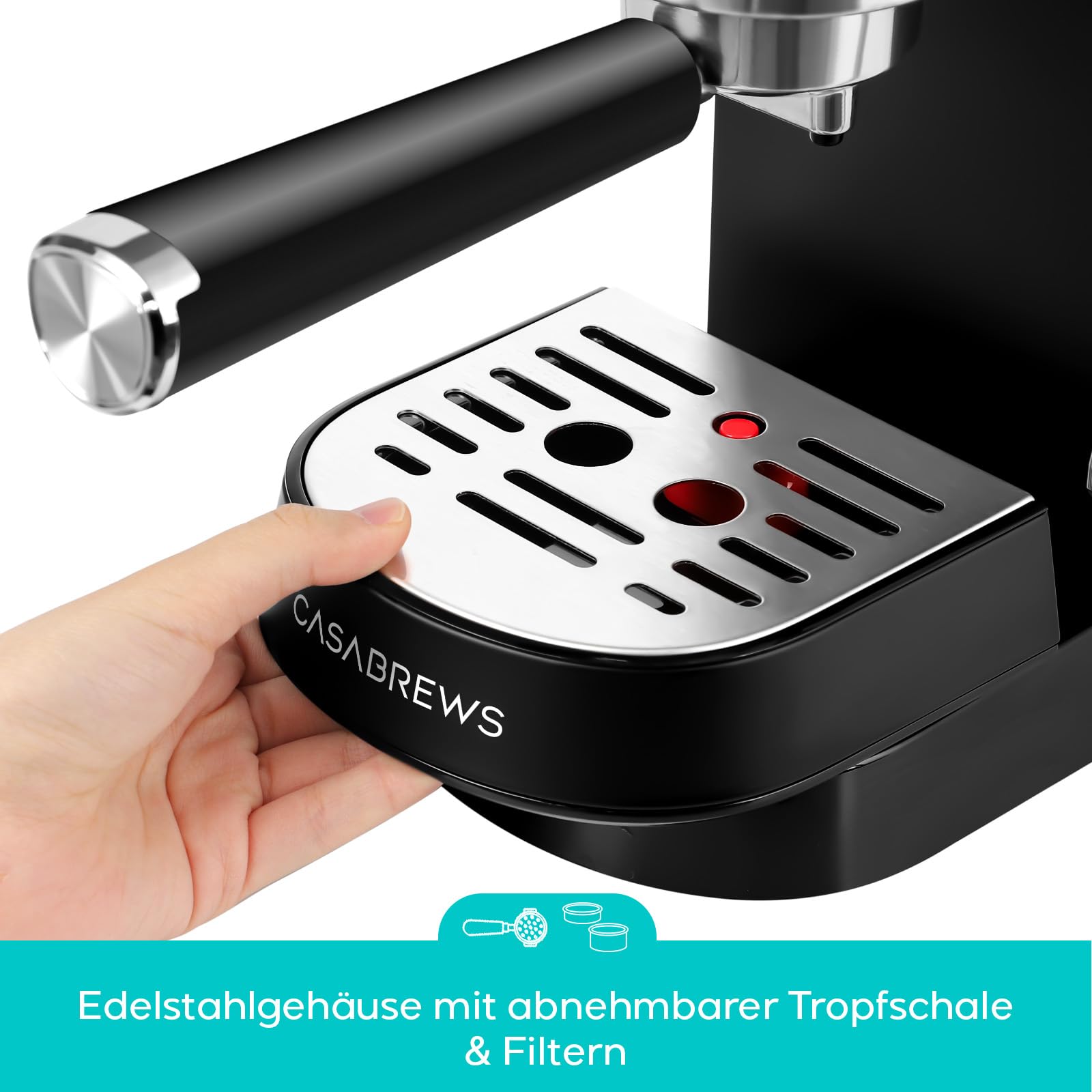 CASABREWS Espresso Siebträgermaschine 20 Bar, Edelstahl-Espressomaschine mit professionellem Milchaufschäumer, Klein Kaffeemaschine Espresso für Cappuccino, Latte & Macchiato, 1L Wassertank, Schwarz