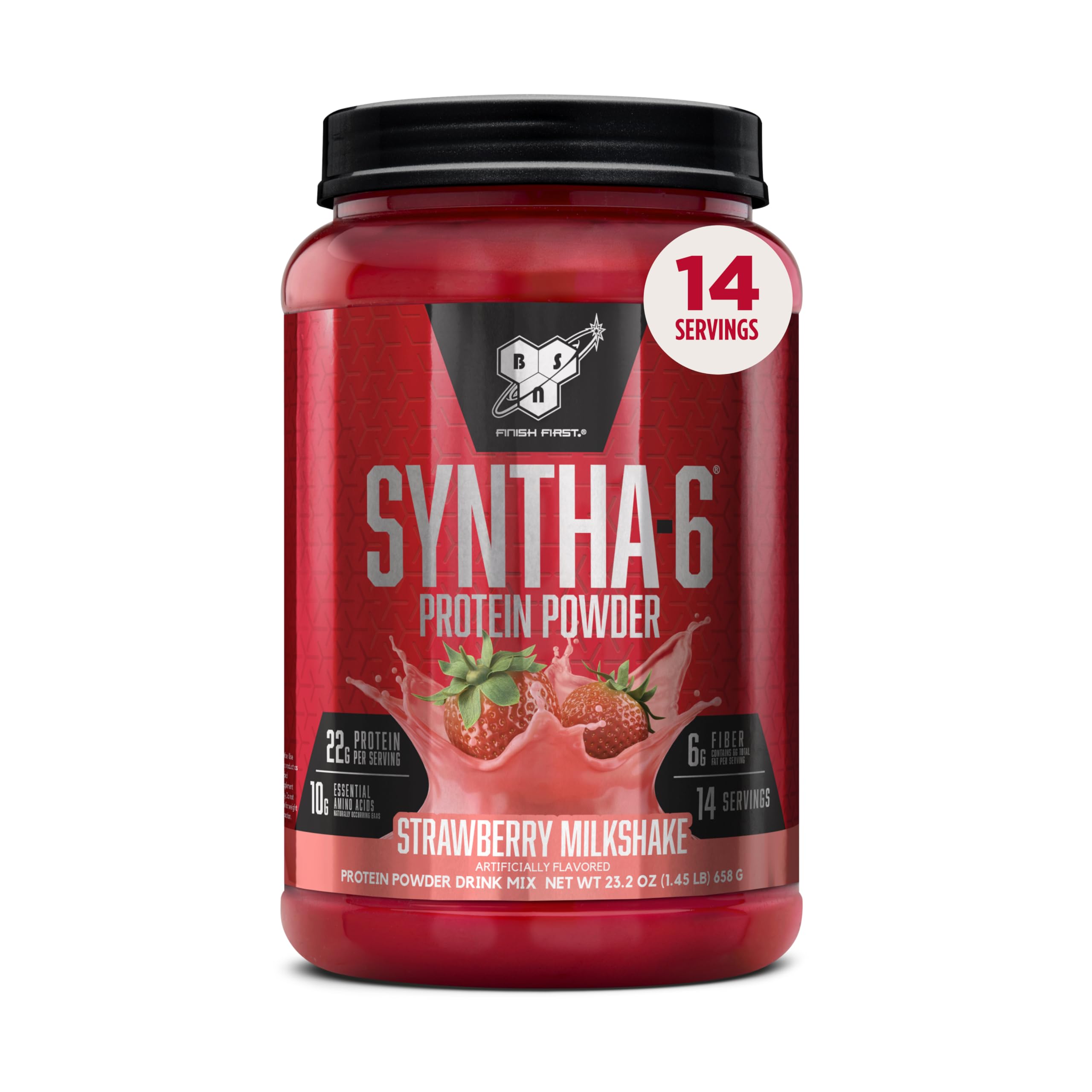 Proteína en polvo premium BSN SYNTHA-6 con 6 g de fibra, proteína de suero, caseína micelar, mezcla de aislado de proteína de leche, 5 g de grasa, batido de fresa, 14 porciones (el empaque puede variar)