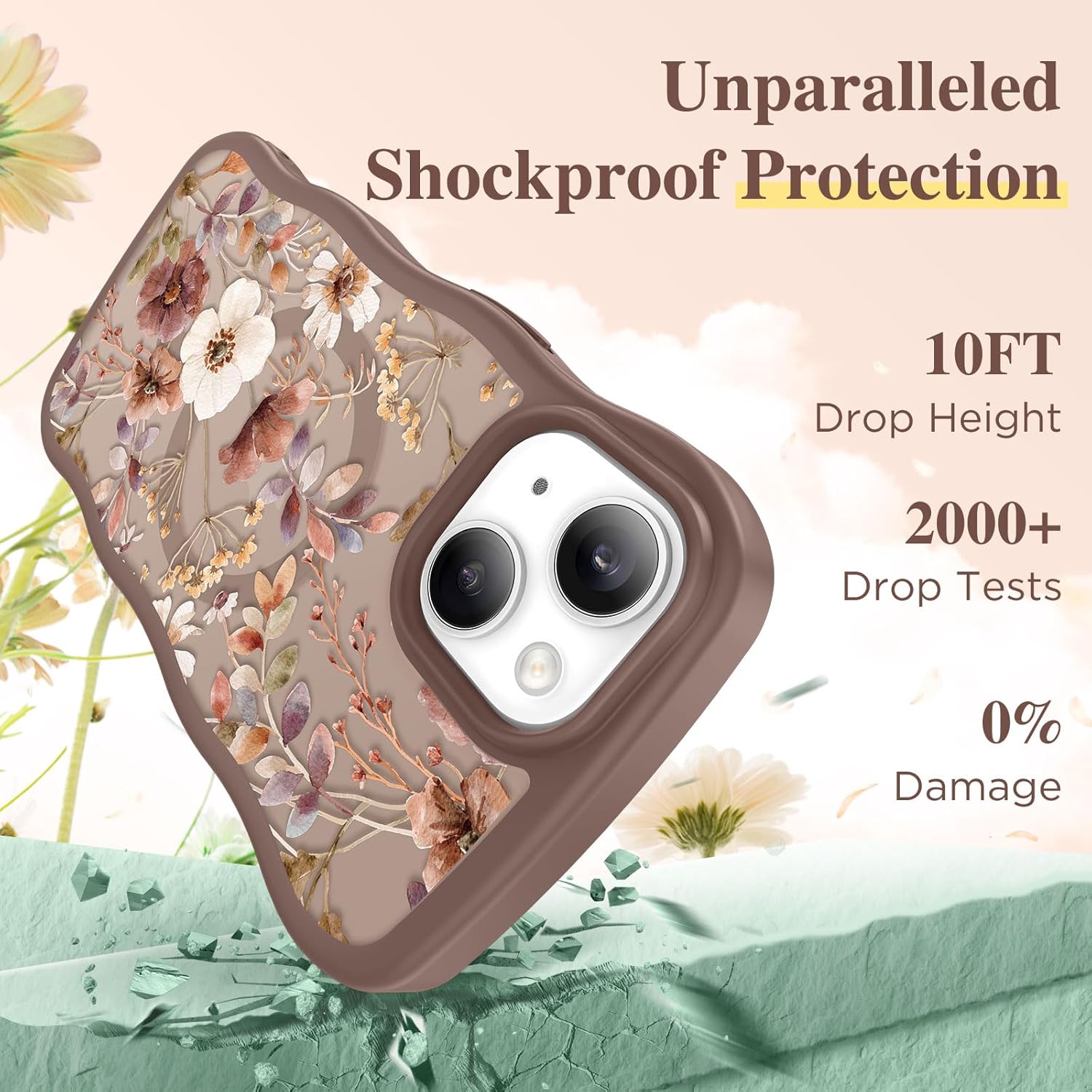 GVIEWIN Cute for iPhone 14 Case & iPhone 13 Case [Compatible with MagSafe] [Curly Wave Edge] Floral Translucent Magnetic Shockproof Protective Phone Cover for iPhone 14/13 6.1'', Corn Poppy/Brown