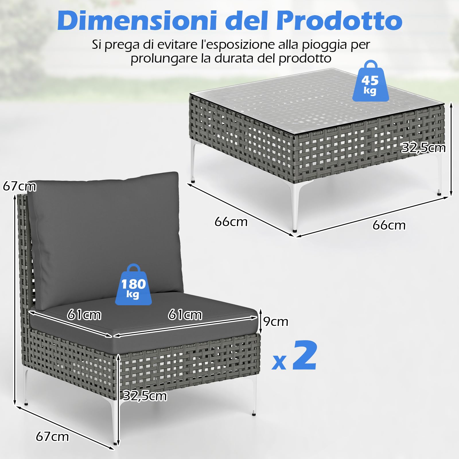 COSTWAY Tavolino e 2 Sedie da Giardino, Set da Conversazione in Rattan con Cuscini e Tavolino in Vetro Temperato, Set da Bistrò per Veranda, Balcone e Cortile (Stile 1)