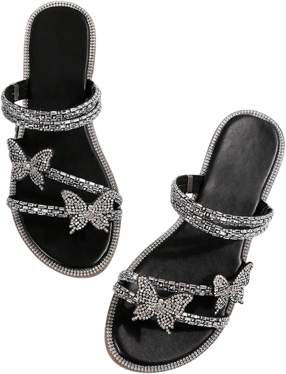 OYOANGLE Women's PU Leather Rhinestone Sandals Butterfly Strappy Flat Open Toe Elegant Slides Sandals