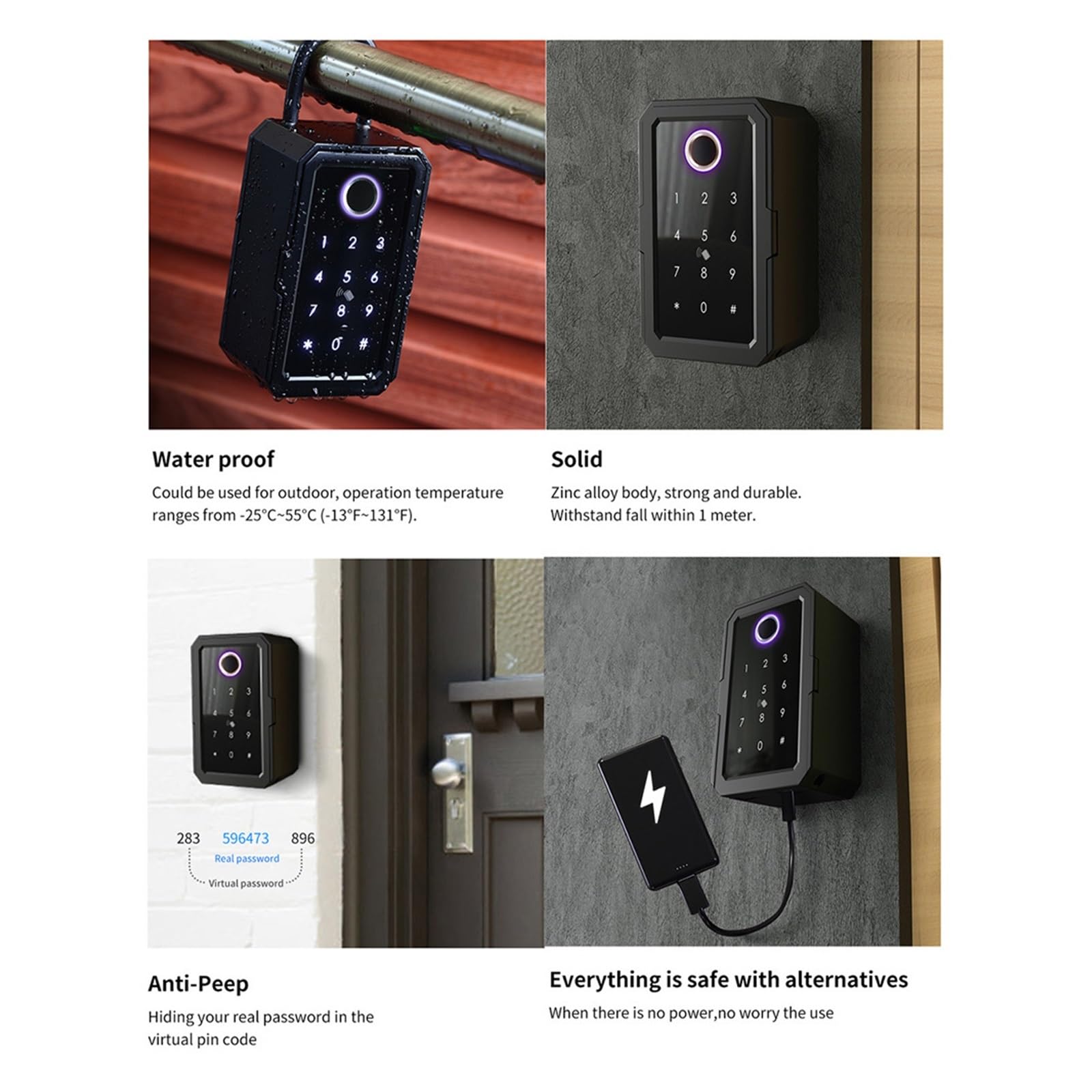 Smart Key Cabinet Fingerprint Lock Box IP65 Waterproof Wall Mounted Key Safe with Password & Phone Control for Rental Offices & Home Security