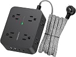 Barre de puissance du protecteur de surpression - 8 Sorties 4 USB Ports de recharge(2 USB C), bande de puissance avec 5Ft Cordon d'extension tressé, Plug plat, Bureau de montage mural USB C Station de recharge pour le bureau à domicile Collège Essentiels