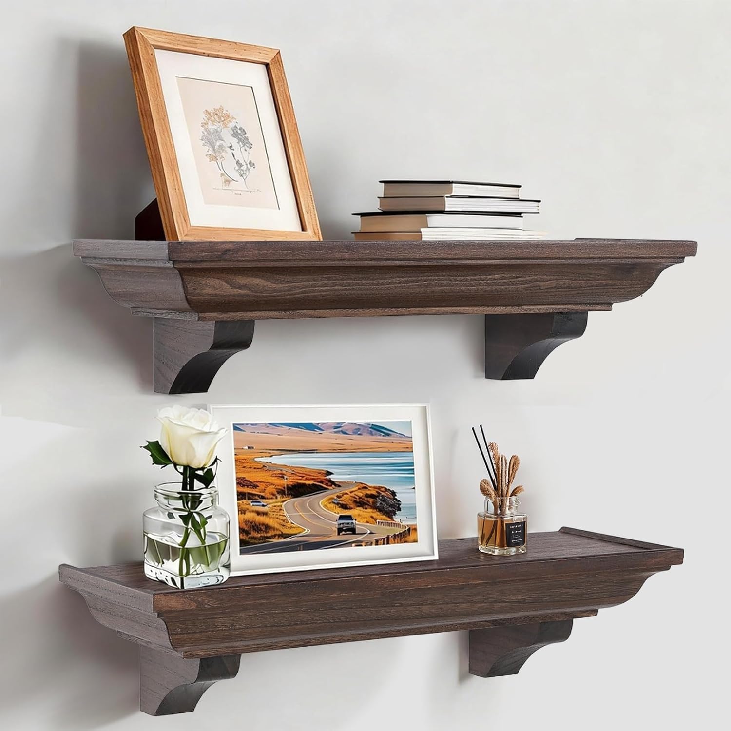 24 Inch Fireplace Mantel Shelf with Corbels, Set of 2 Rustic Floating Shelf for Wall, Wooden Fireplace Mantel for Living Room, Bedroom, Kitchen, Brown