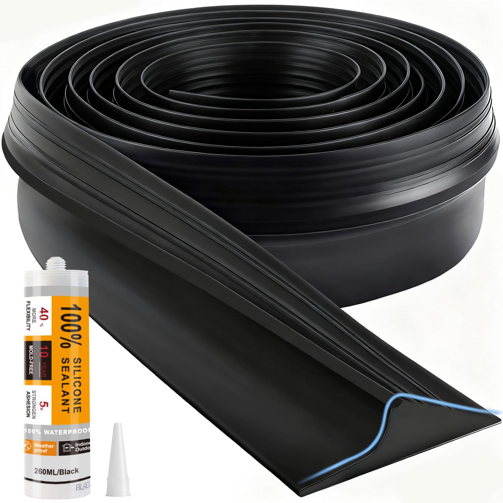 Jin&Bao Universal Garage Door Threshold Seal Strip 16FT Kit, Bottom Waterproof Rubber Weather Stripping Replacement（Black, 1 Adhesive）