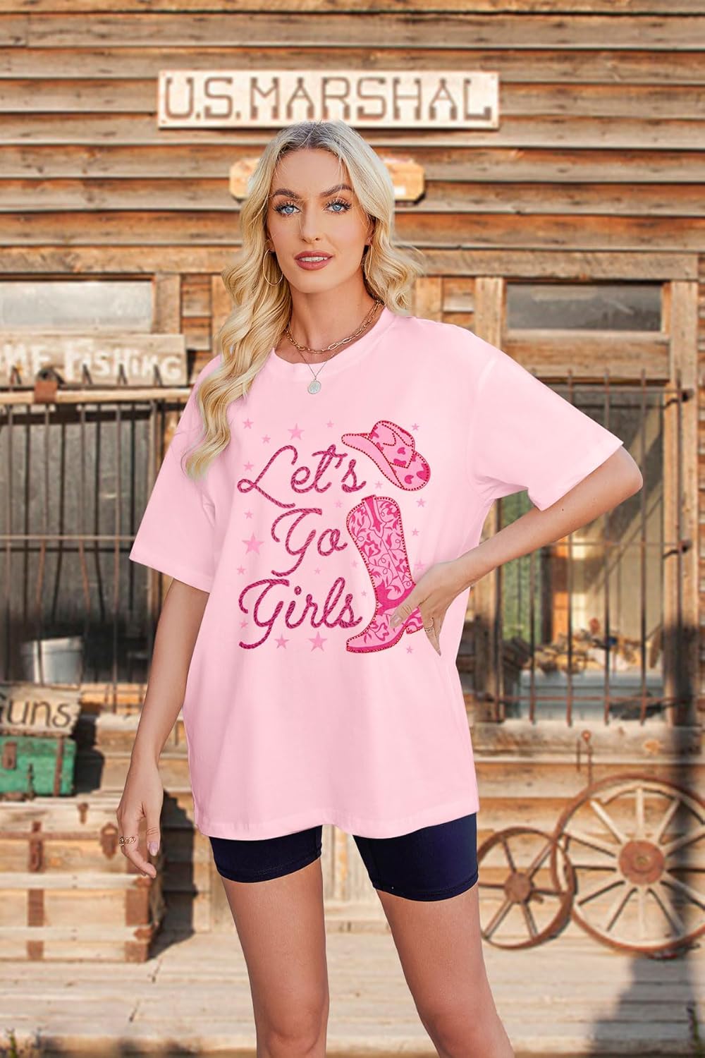 Oversized Western Cowgirl Shirts for Women Let's Go Girls Shirt Country Music Tee Hat Boots Short Sleeve Tops - Image 4