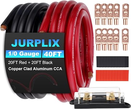 1/0 Gauge Wire 1/0 Battery Cable 20FT Red+20FT Black, Copper Clad Aluminum CCA Amp Wiring Kit with 250A ANL Fuse Holder, Lugs Terminal Connector & Heat Shrink Tube for Car Audio Speaker, Marine