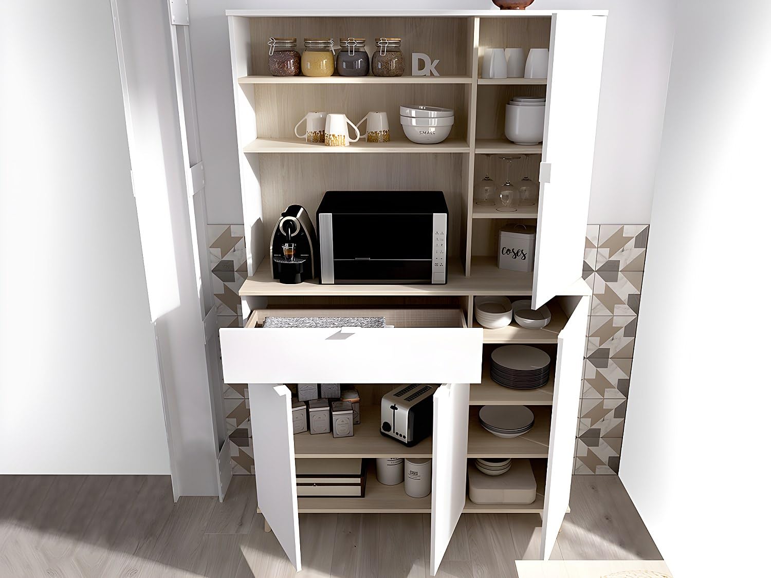 DEKIT GRUPO RIMOBEL WOK -MUEBLE AUXILIAR DE COCINA CON ALMACENAJE - 191x120x40 cm - BLANCO / NATURAL