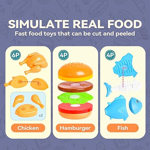 Miniatura 3 de Juego de comida de juego de simulación para niños, juego de cocina - 45 juguetes de corte 3 en 1 para niños con carrito de almacenamiento plegable