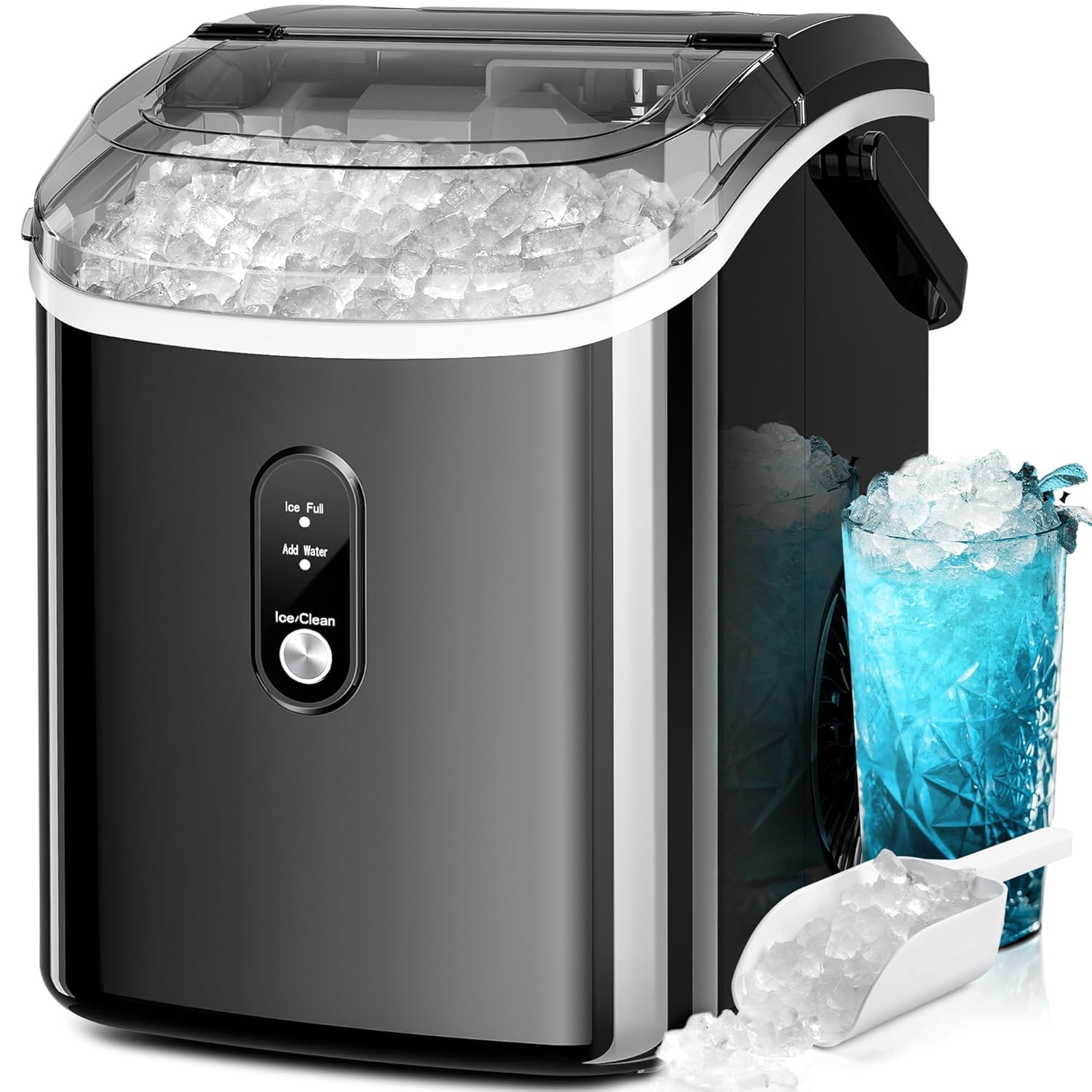 Kismile Nugget Ice Makers Countertop,35Lbs/24H,Portable Sonic Ice Machine with Self-Cleaning/One-Click Operation for Home/Office(Stainless Steels Black)