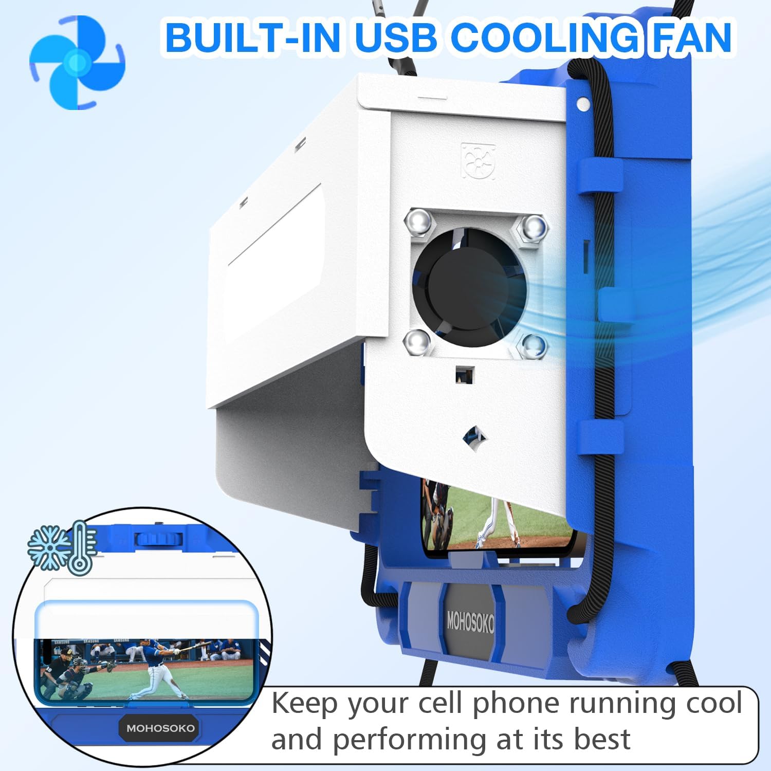 Phone Fence Mount with Shade & Cooling Fan - Foldable Game Changer Mounting Kit for iPhone, All-in-One Streaming Kit for Baseball Recording (Blue)