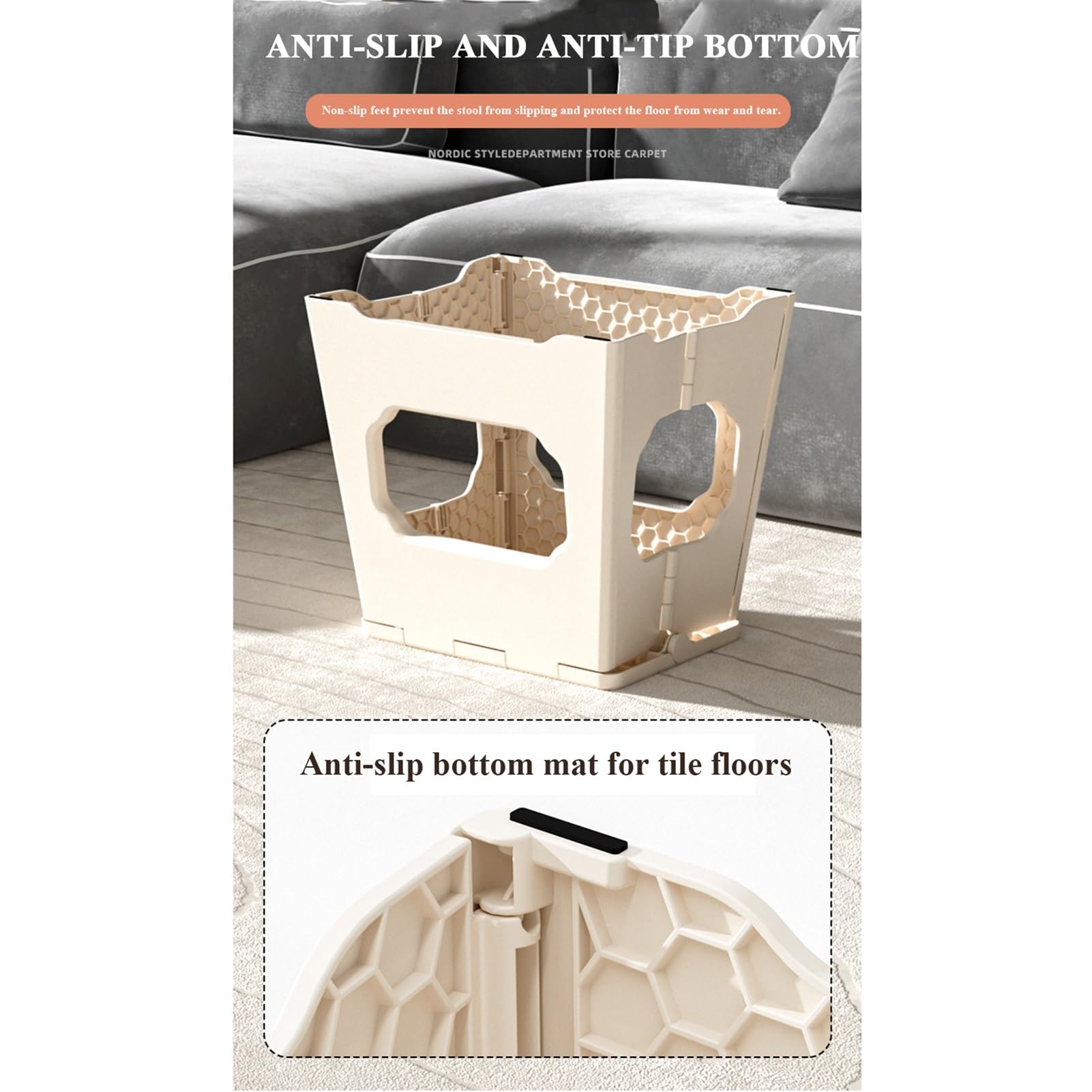 Lot de 2 marchepieds pliables compacts et légers pour cuisine, salle de bain, salon, tapis antidérapant et portable pour économiser de l'espace (beige, taille L)