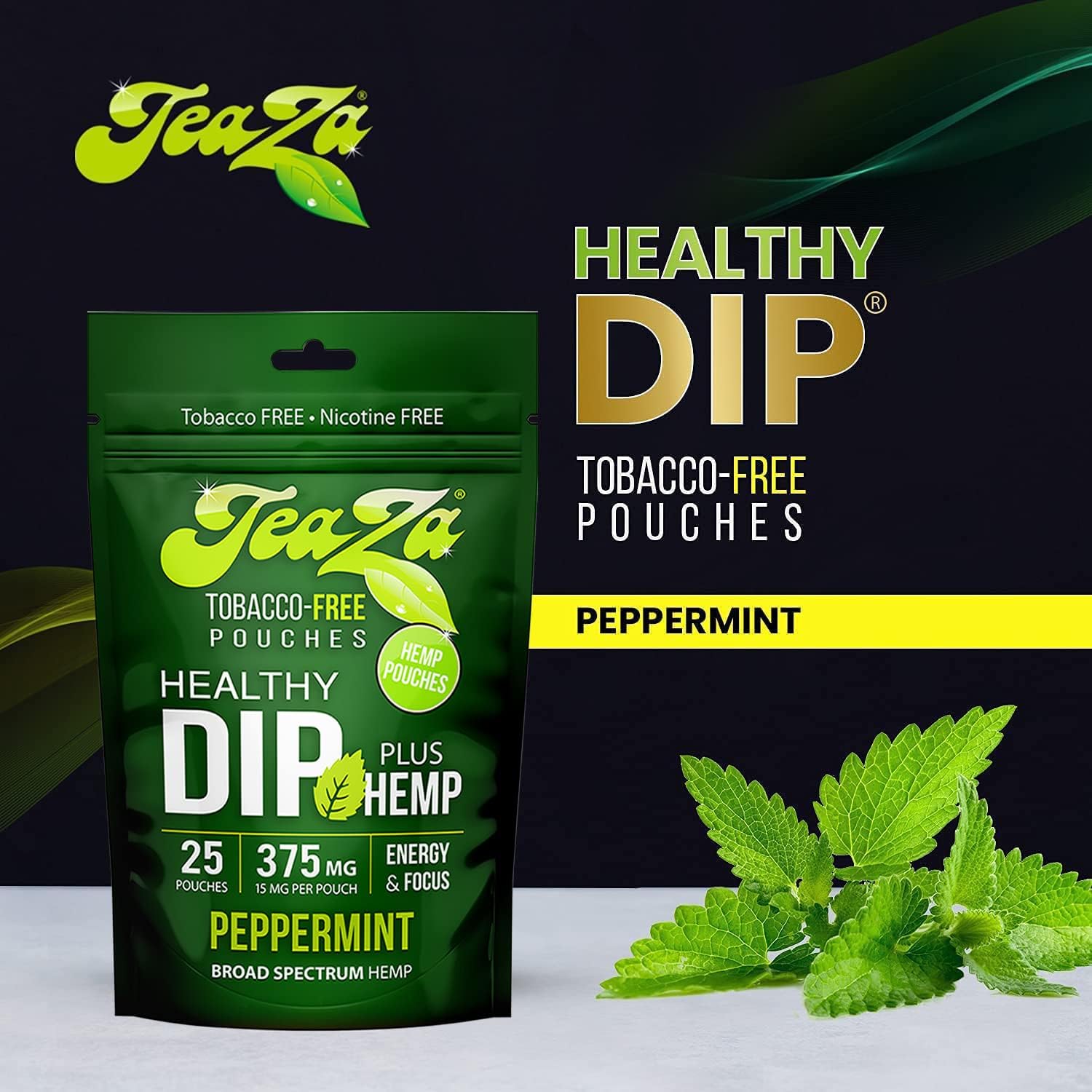 TeaZa Energy Smokeless Alternative with Hemp | Quit Chewing and Dipping Snuff | Nicotine and Caffeine Free Herbal Energy Pouch (Peppermint, 4 Pack) : Health & Household