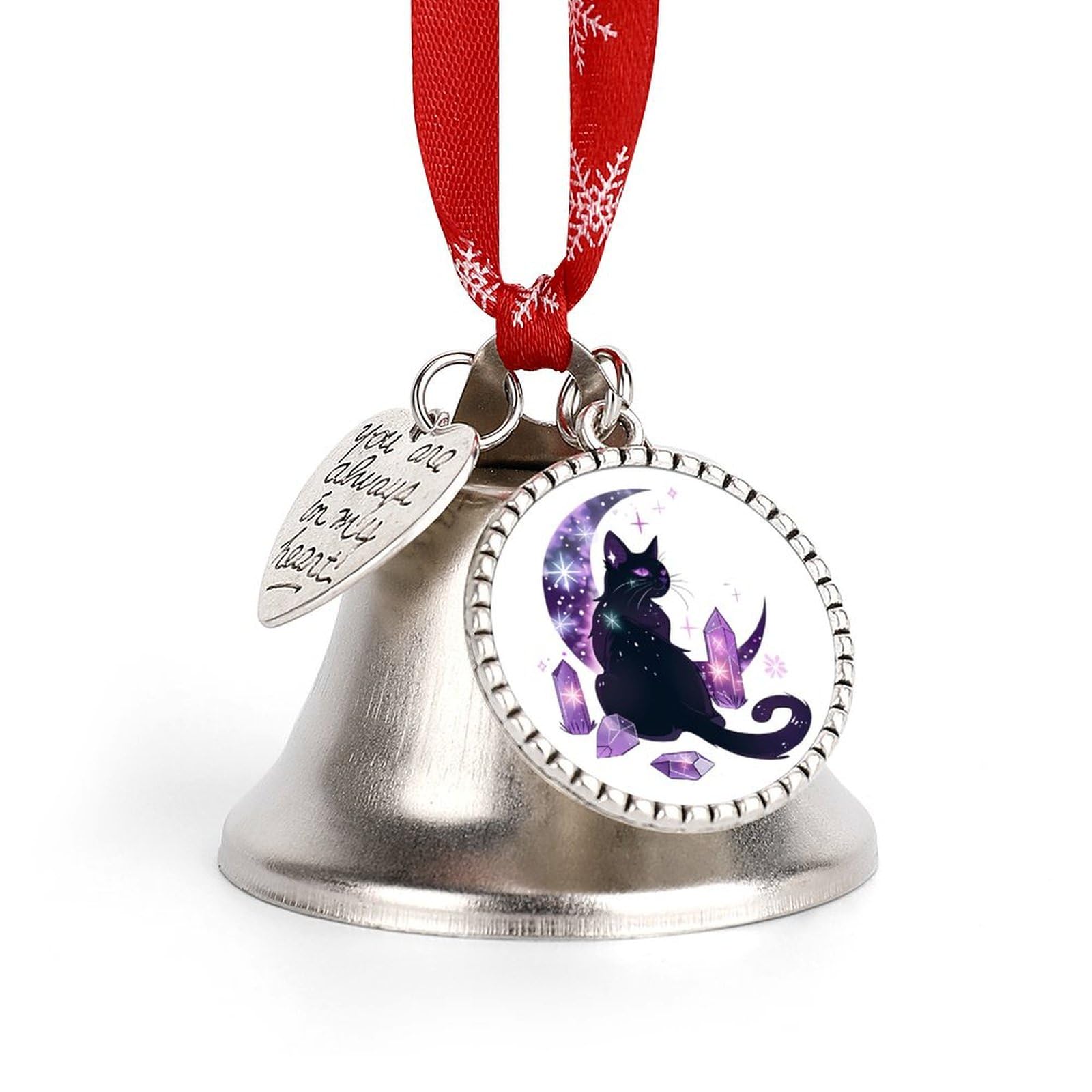 Moon Crystal Witchy Cute Black Cat Funny Christmas Bell Ornament Cute Xmas Tree Hanging Pendant Decoration for Holidays Party