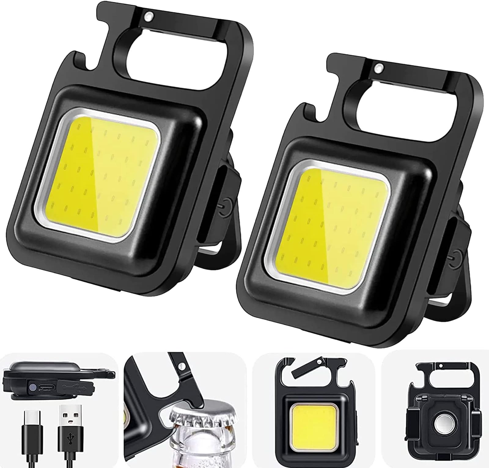 Komire2Pack Mini Keychain Flashlights, 800 Lumens Bright COB Rechargeable Keychain Light Pocket Flashlight 4Light Modes with Folding Bracket Bottle Opener and Magnet Base for Camping & Night Trekking