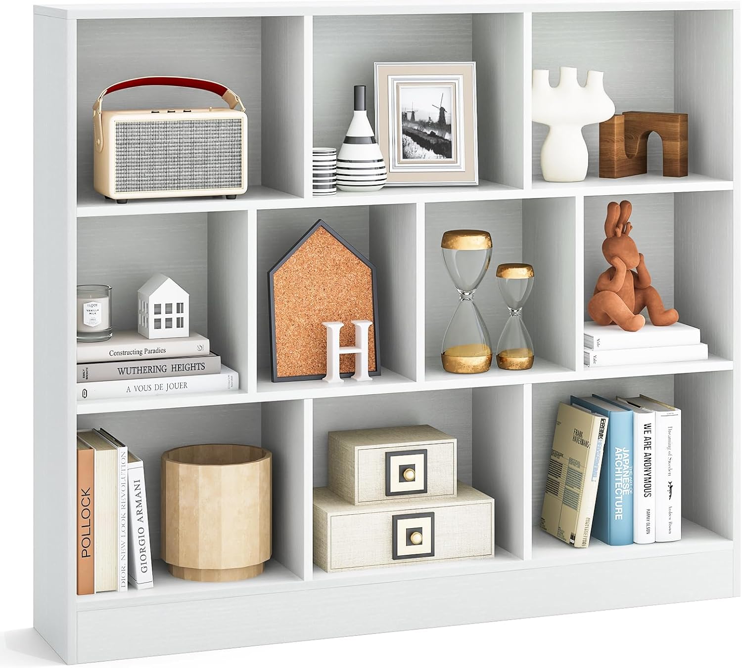 Tangkula 10-Cube Bookshelf, 47.5”L Floor Bookcase with 2 Anti-Tipping Kits, Freestanding Storage Organizer, 4-Tier Display Shelf for Home, Office & Dorms (White, 10-Cube)