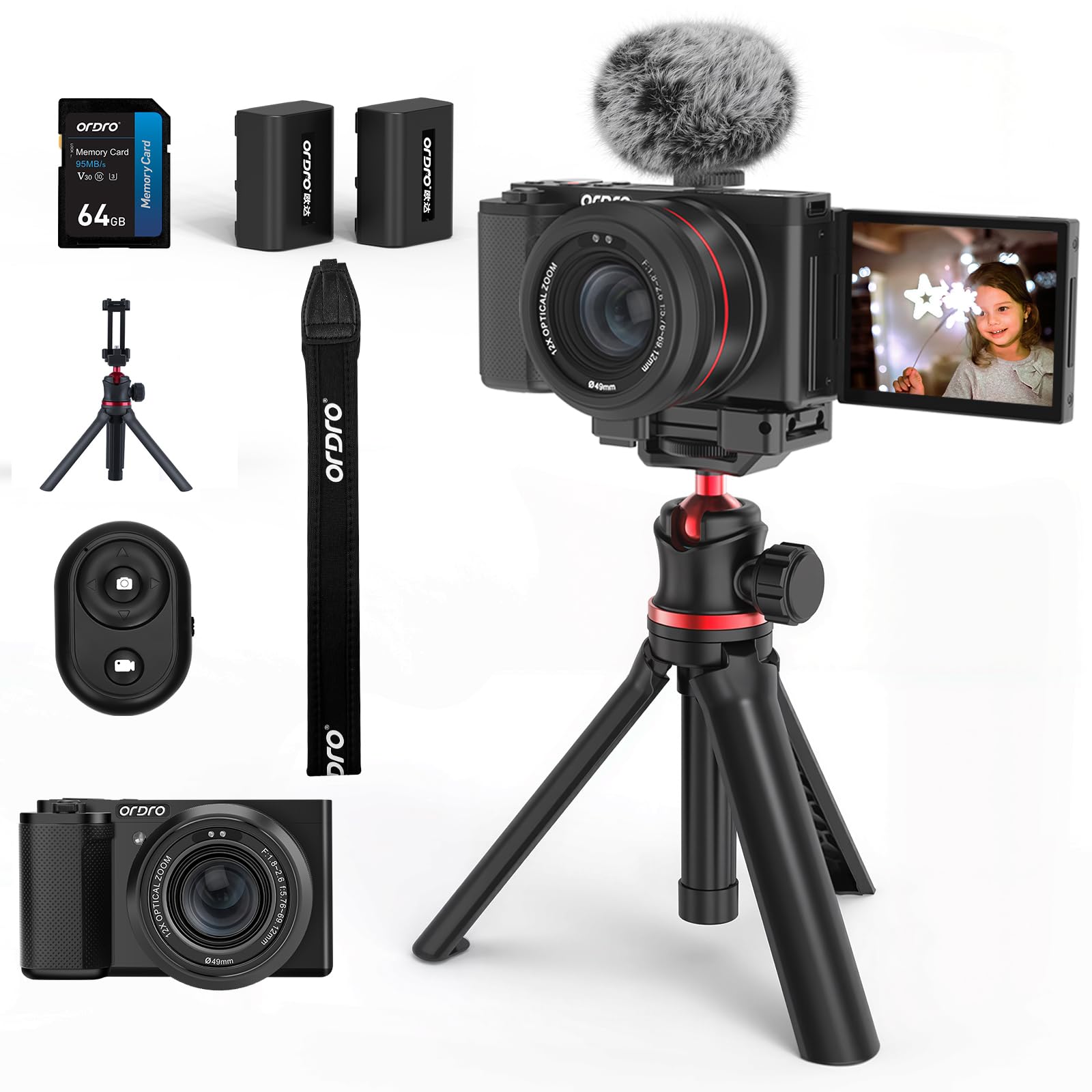 ORDRO 5K Digital Cameras for Photography - 64MP 12X Optical Zoom Travel Content Creator Camera & YouTube Vlogging Camera with Flip Screen, Microphone & Tripod Grip, 64GB Memory Card-picture-26