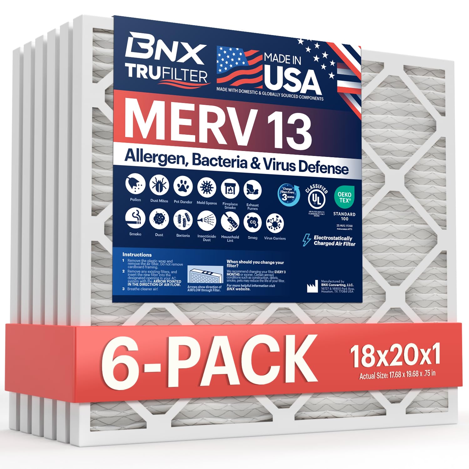BNX TruFilter 18x20x1 Air Filter MERV 13 (6-Pack) - MADE IN USA - Electrostatic Pleated Air Conditioner HVAC AC Furnace Filters for Allergies, Pollen, Mold, Bacteria, Smoke, Allergen, MPR 1900 FPR 10