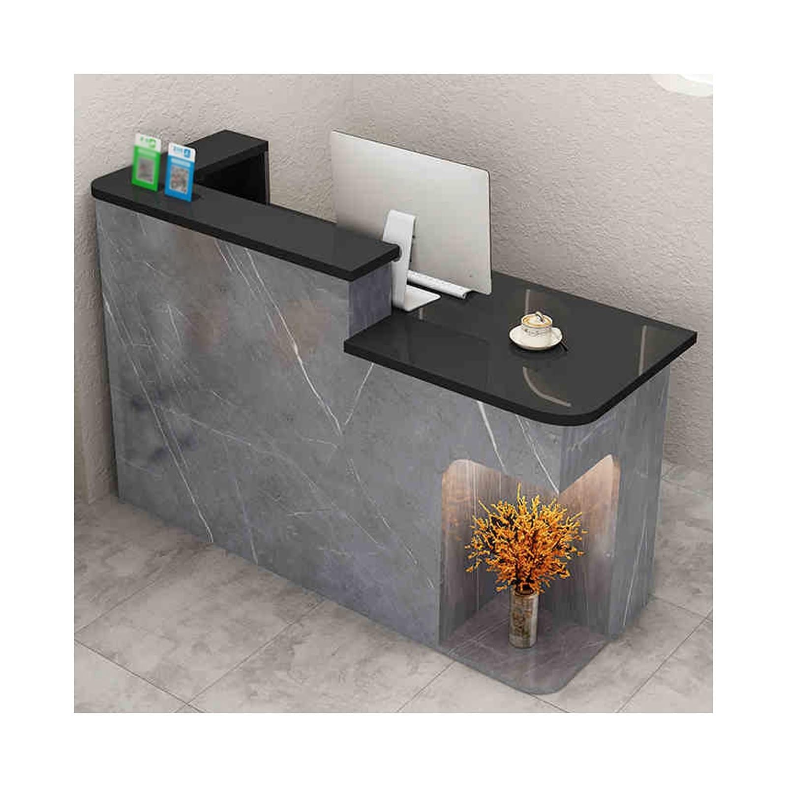 Modern Reception Desk - Elegant Office Furniture with Drawers for Businesses Lobbies and Entrances - Oak Finish with Gray Marble Top - Commercial Grade Design