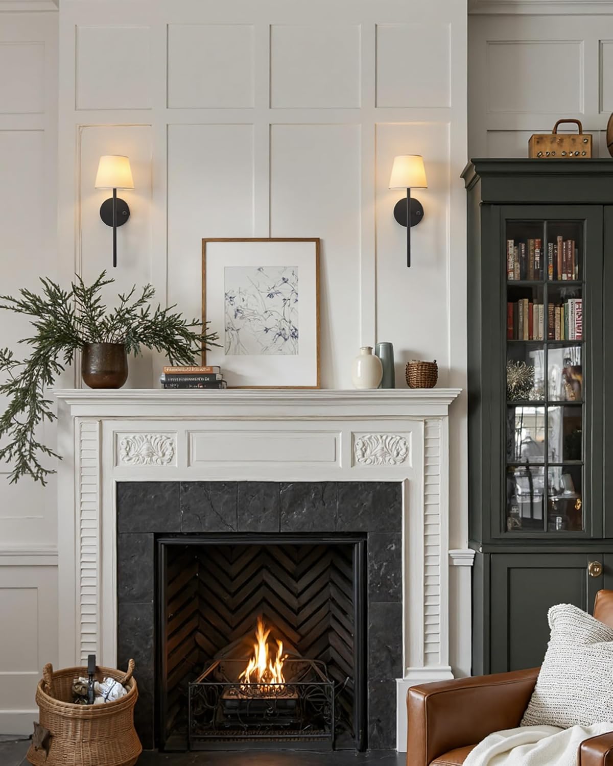 Battery Operated Wall Sconce Set of 2, Small LED Rechargeable Wall Lights with Remote, 5200mAh Dimmable Fabric Shade Cordless Wall Lamp for Bedside, Bedroom, Hallway, Living Room, Gifts (Black)