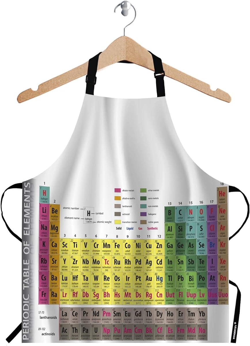 WONDERTIFY Delantal de tabla periódica de elementos, educación escolar, ciencia, química, patrón, ilustraciones, delantal con cuello ajustable para hombres y mujeres, adecuado para el hogar, cocina, camarera, delantal de chef