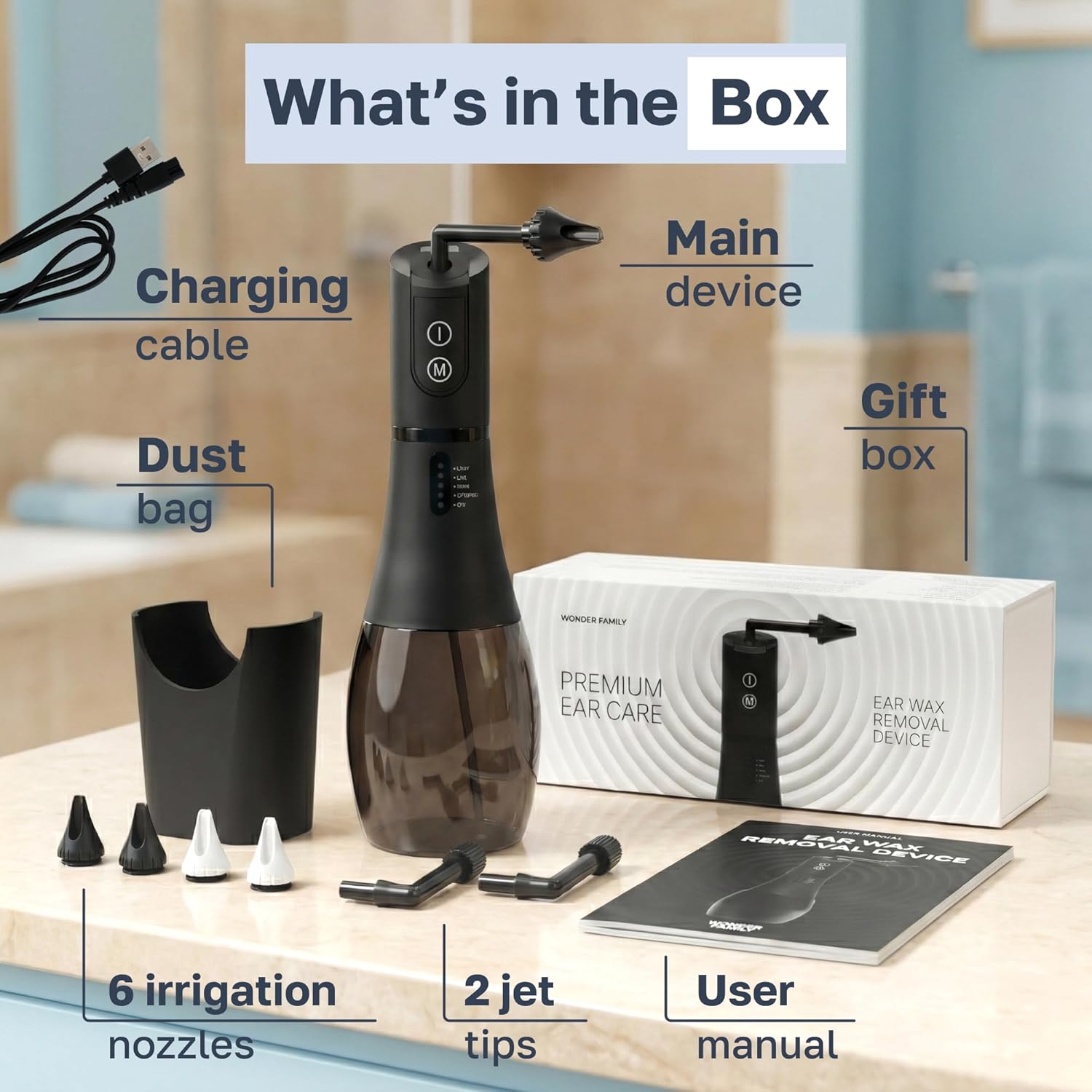 Electric Ear Wax Removal Kit with 5 Pressure Modes and Auto Timer, Ear Irrigation Cleaner with 6 Nozzles and 2 Jet Tips, IPX7 Waterproof Ear Cleaning System with Basin and Charging Cable
