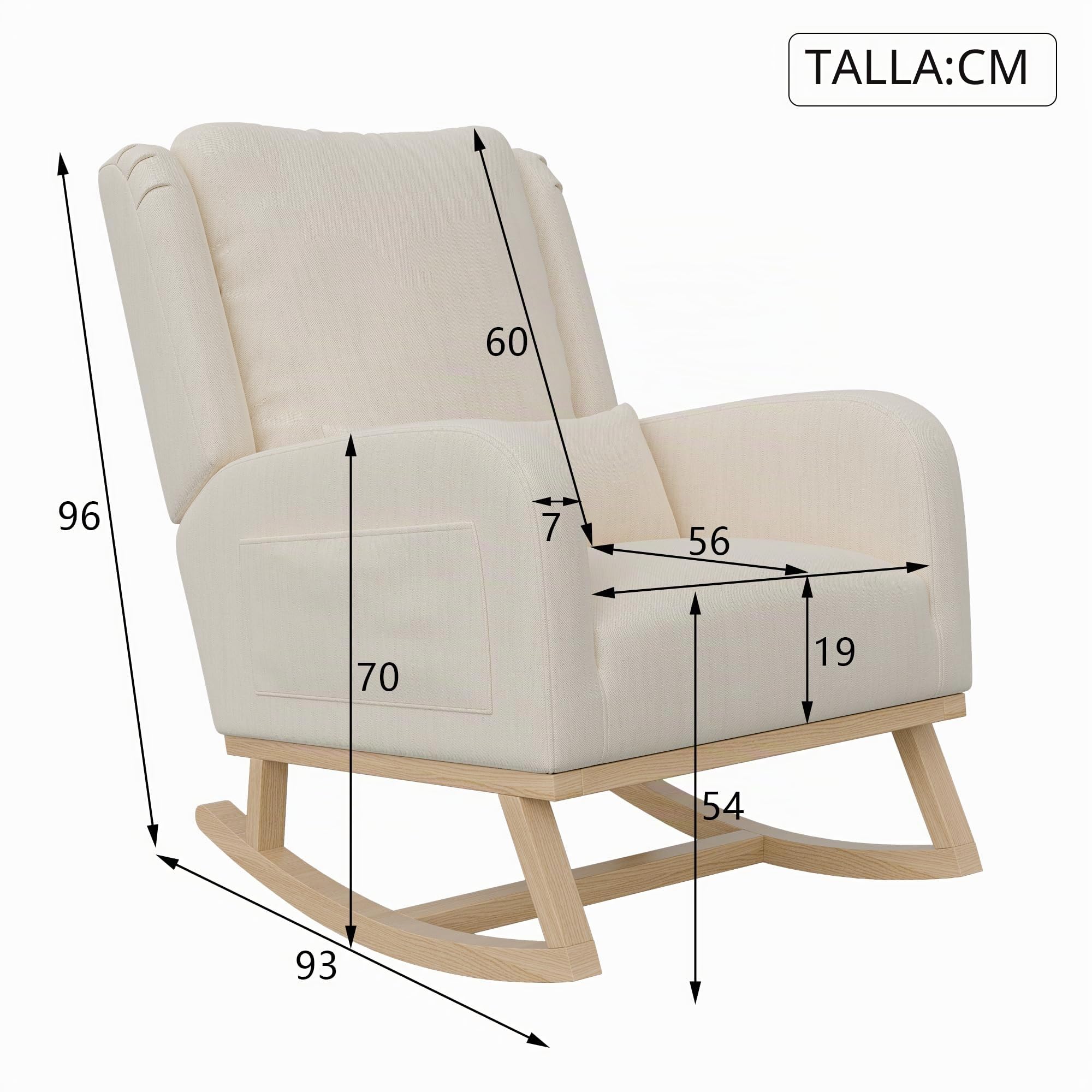 Sillón de lectura, mecedora interior, reposabrazos laterales con bolsillos, beige suave lino, sillón de lactancia (bolsillos laterales, Beige)