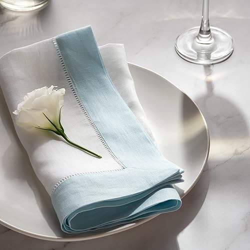 Miniatura 2 de Servilletas de lino de 20 x 20 pulgadas, 100% lino blanco y azul claro, juego de 4 servilletas de cena clásicas de vainica para decoración de
