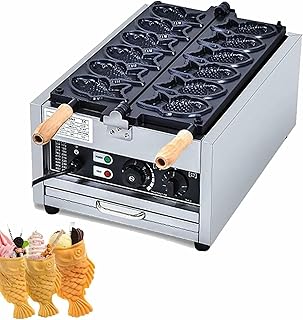 Commercial Taiyaki Machine, Electric Fish Shaped Taiyaki Waffle Machine Cake Baking 180° Flip Stainless Steel Nonstick Snack Muffin Iron Household Waffle Cone Maker 3000W