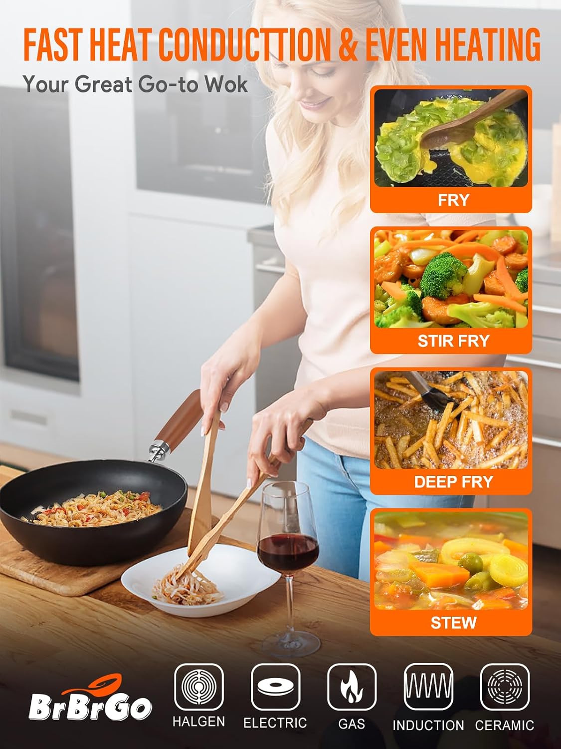 Diagram showing the dimensions of the 10.5-inch wok, including height and flat bottom diameter