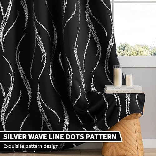 Miniatura 6 de Cortinas opacas para sala de estar, diseño de línea ondulada con puntos, estampado plateado, reducción de ruido, aislamiento térmico, anillo sólido