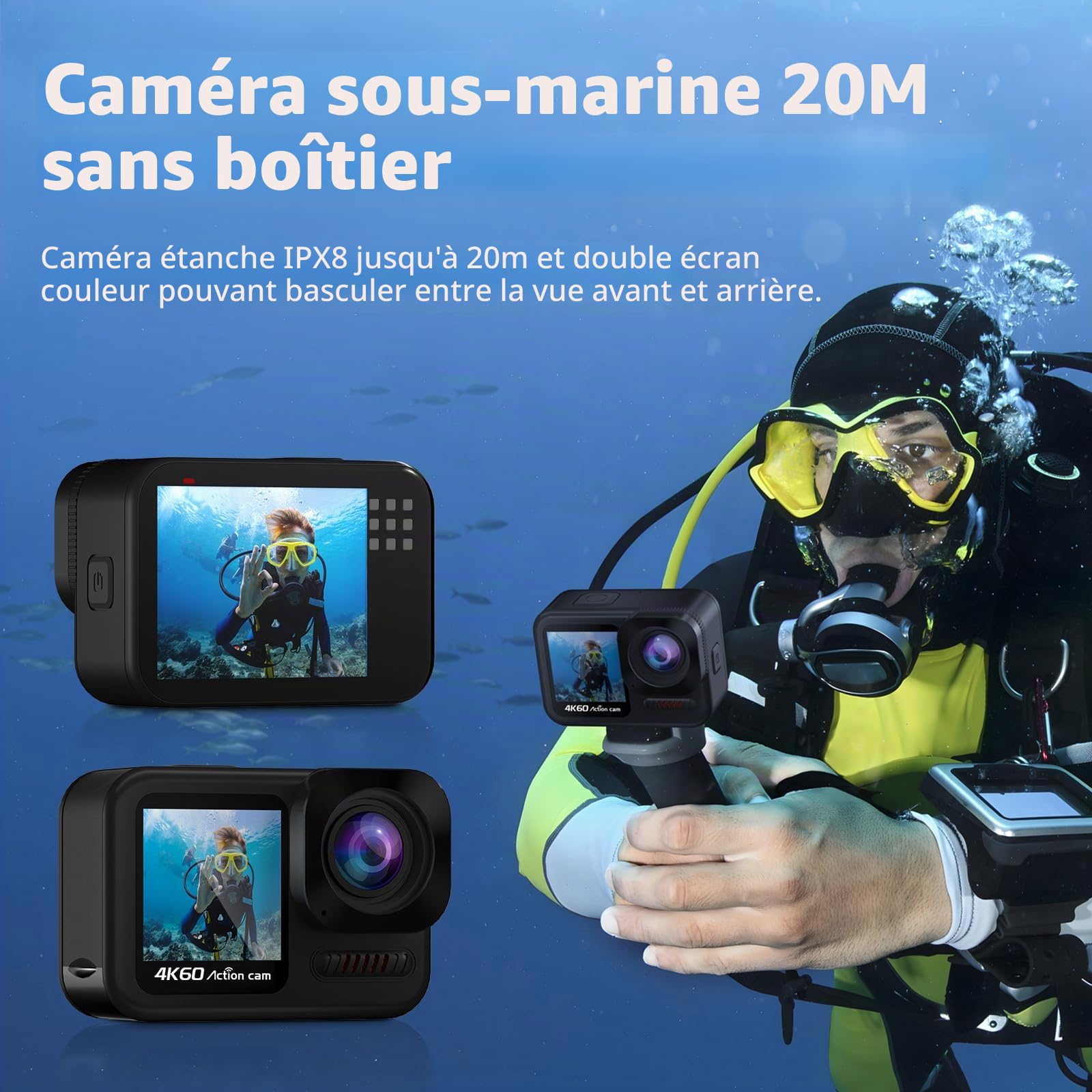 4K60fps Caméra d'action sous-marine avec carte SD 64 G Caméra WiFi 48 MP Zoom 8X Caméra de casque avec stabilisation 6 axes Caméra de sport avec 2 batteries de 1350 mAh Kit d'accessoires de support de