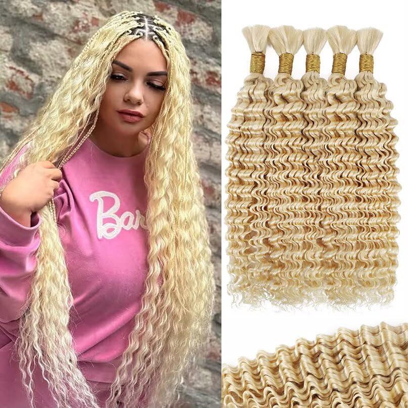 12A 613 Blonde Human Braiding Hair for Boho Braids 5 Bundles 16 Inch 160g Deep Wave Braiding Hair for Bohemian Knotless Braids 100% Unprocessed Brazilian Virgin Bulk Hair Extensions No Weft
