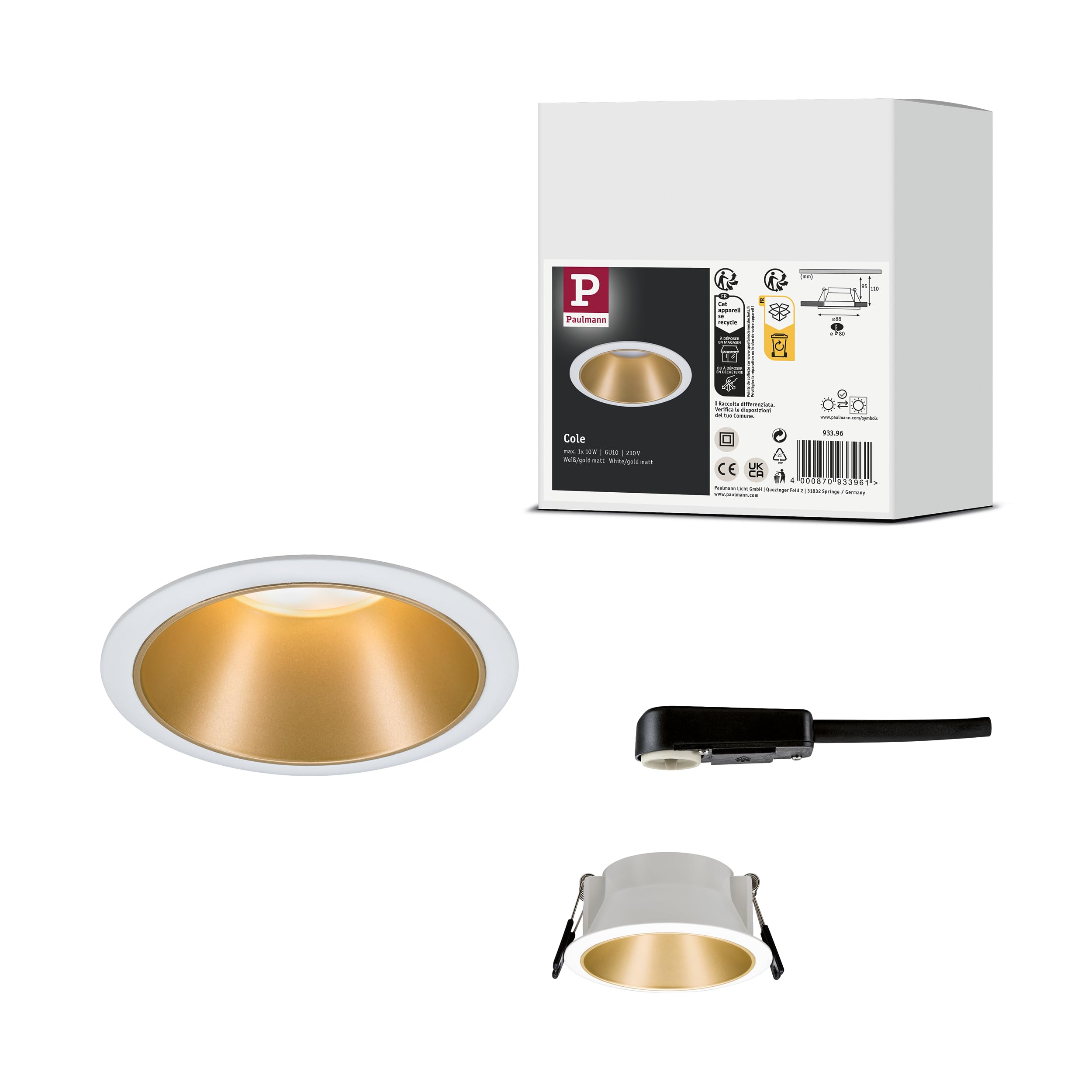 Paulmann 93396 Einbauleuchte Cole starr rund dimmbar Einbaustrahler Weiß matt, Gold Spot Aluminium, Kunststoff Einbaulampe GU10