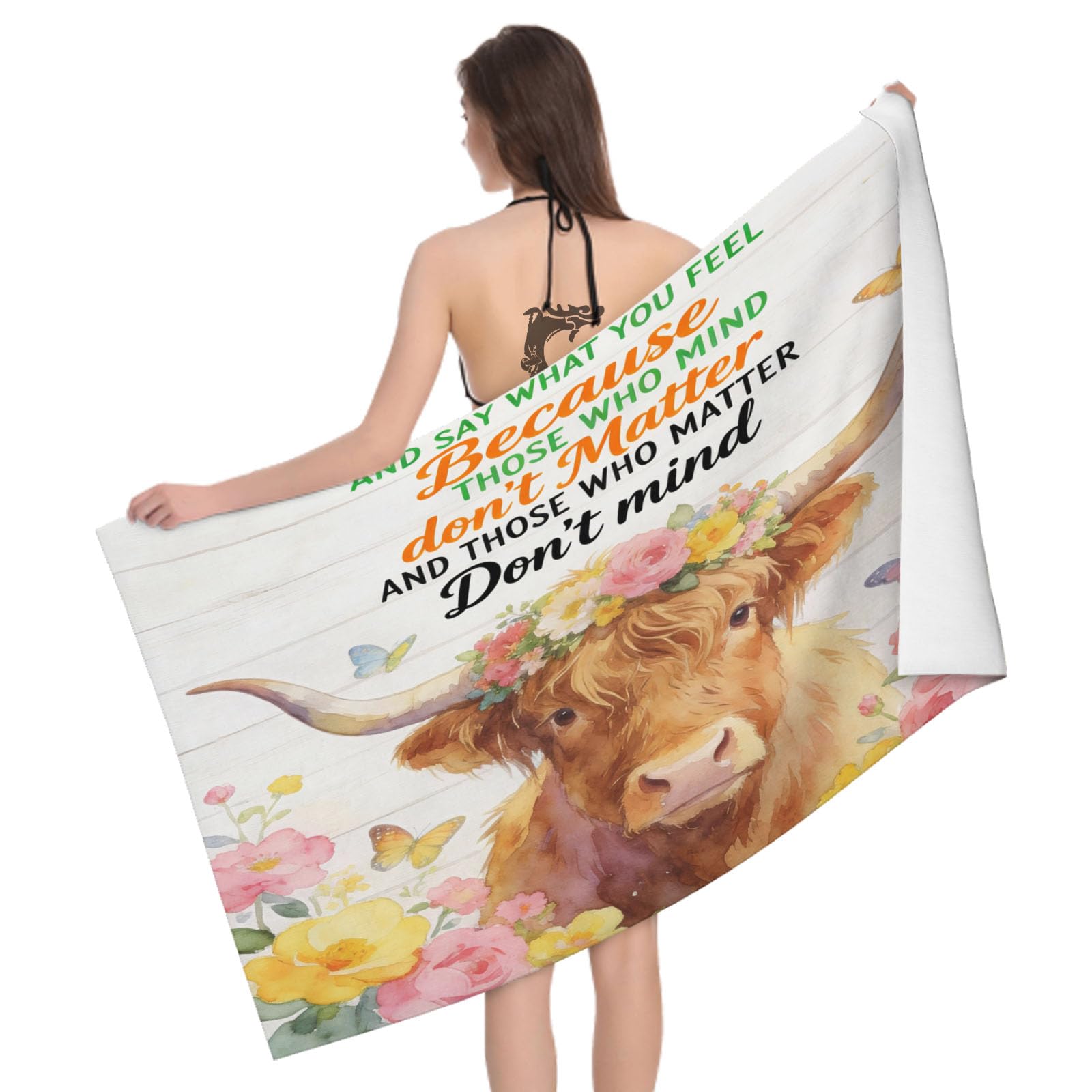 Leichong 3D Highland Cattle Beach Towel Microfiber Soft Quick Dry for Adults, Wreath Bath Towel Lightweight Soft Absorbent for Travel Swimming Pool Sports, 75 x 150 cm