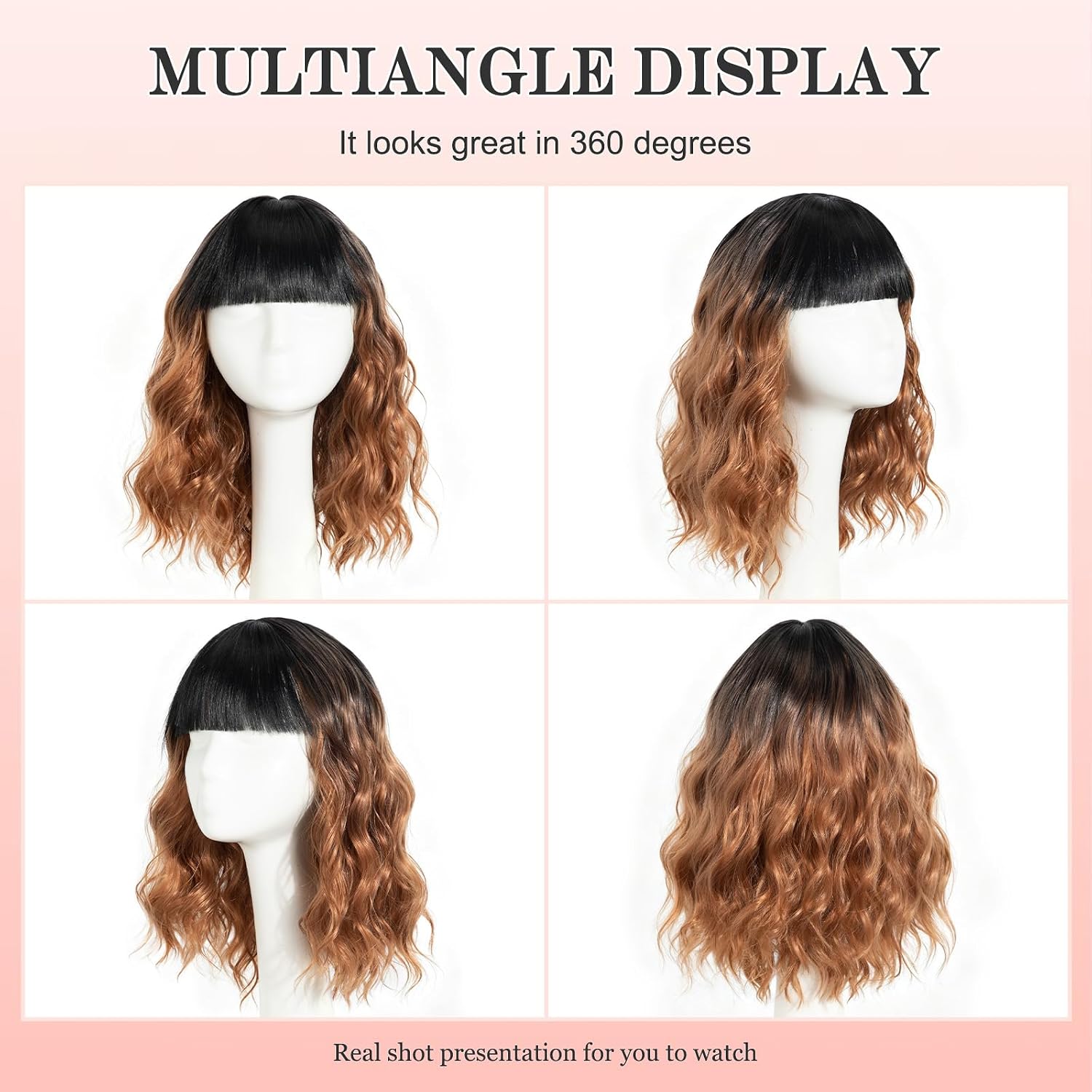 Short Curly Wavy Bob Wig with Bangs for Women Daily Use ，T1B/BROWN：14INCH image 5