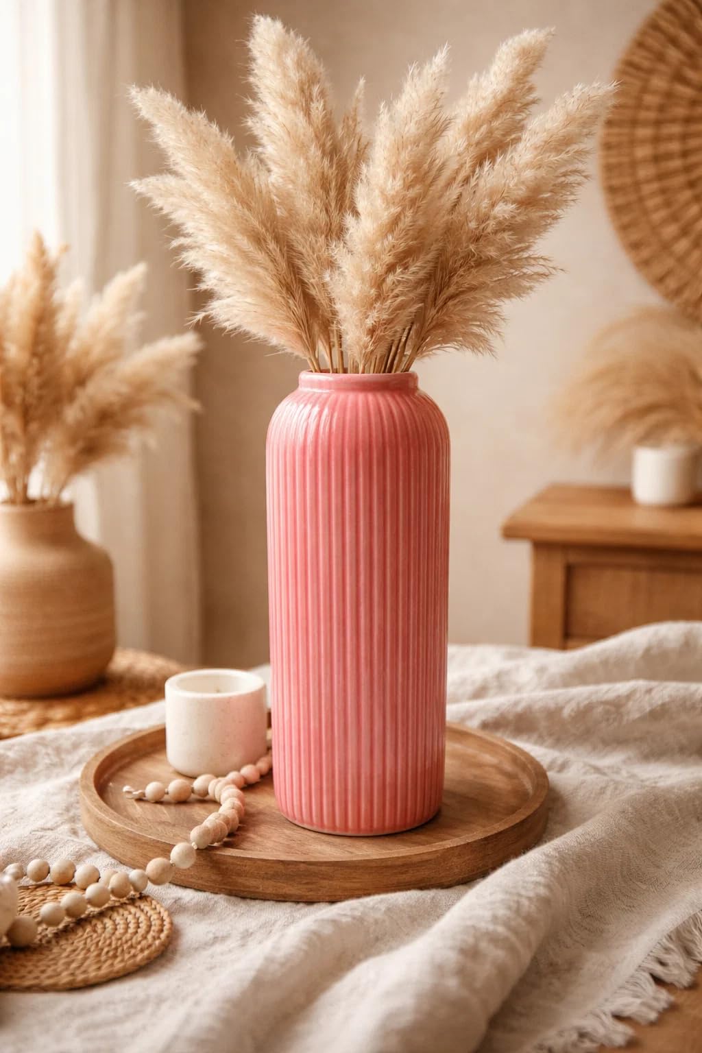 SPHINX Ribbed Pipe Ceramic Vase, Flower Vase, Pampas Grass Vase, Vase for Money Plant Live Plants for Home, Office, or Gifts NO Flowers- (Glossy Pink, 9 Inch)