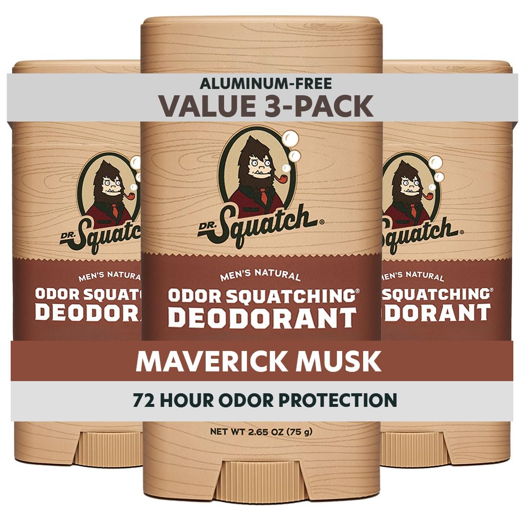 Dr. Squatch Natural Men’s Deodorant – Aluminum Free Natural Deodorant Men with Charcoal & Postbiotics for 72-Hour Odor Protection – Maverick Musk, 2.65oz Stick (3-Pack)