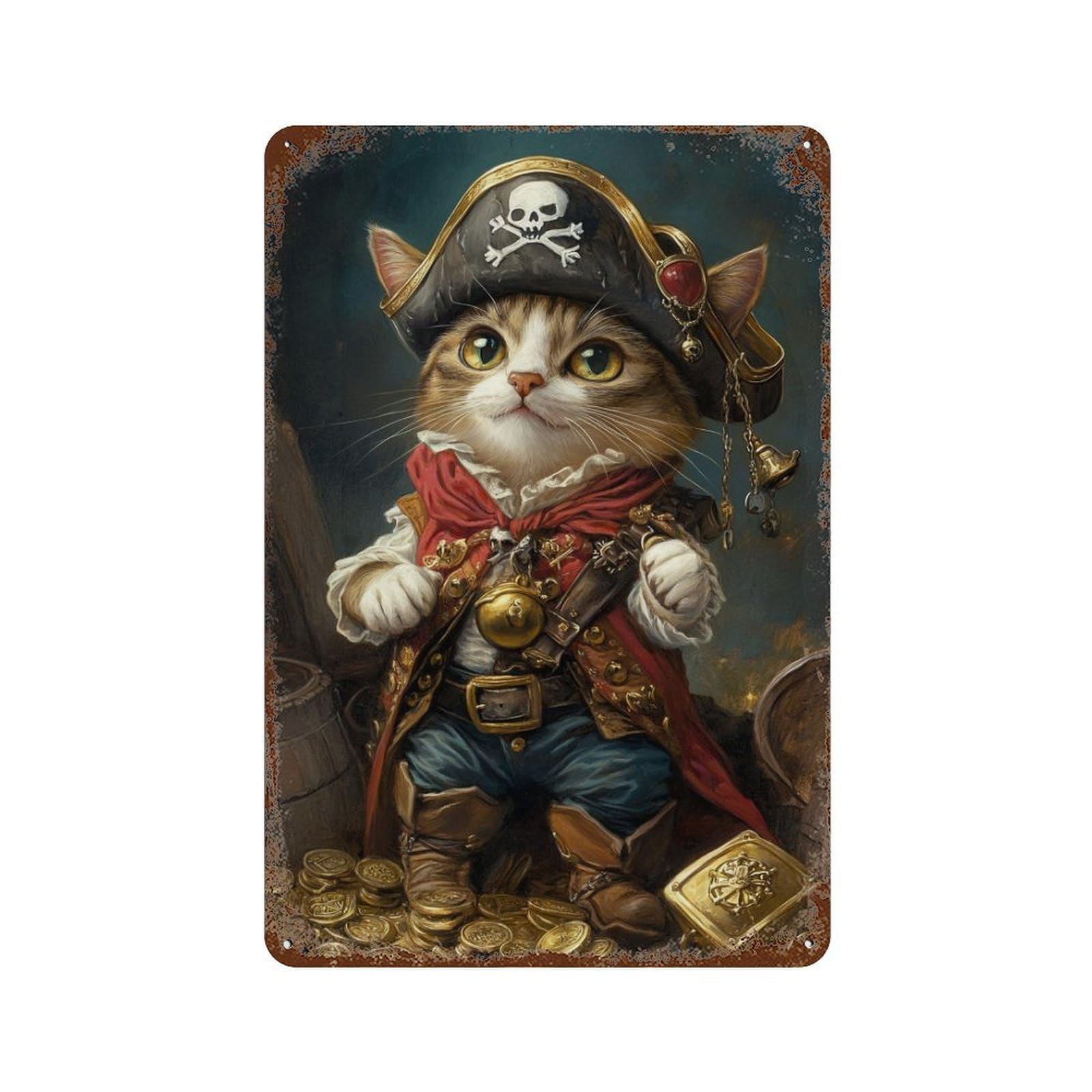 Garage Style Pirate Cat Treasure Chest Weathered Tin Sign 11.8"x7.9", Farmhouse Wall Decor for Bar And Workshop