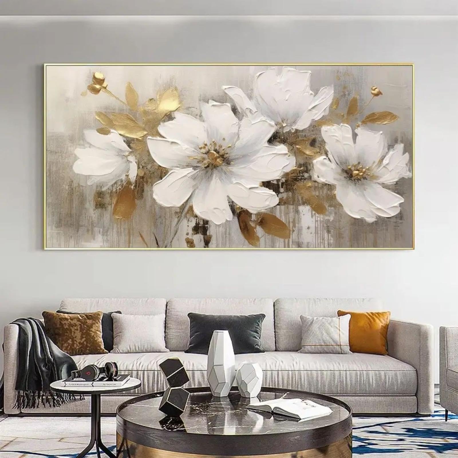 HYFBH Abstract Flower Pictures Painting on Canvas Large Wall Art Prints Minimalist Floral Art Painting White Decor for Living Room 60x120cm/24x47inch With Golden Framed Ready to Hang