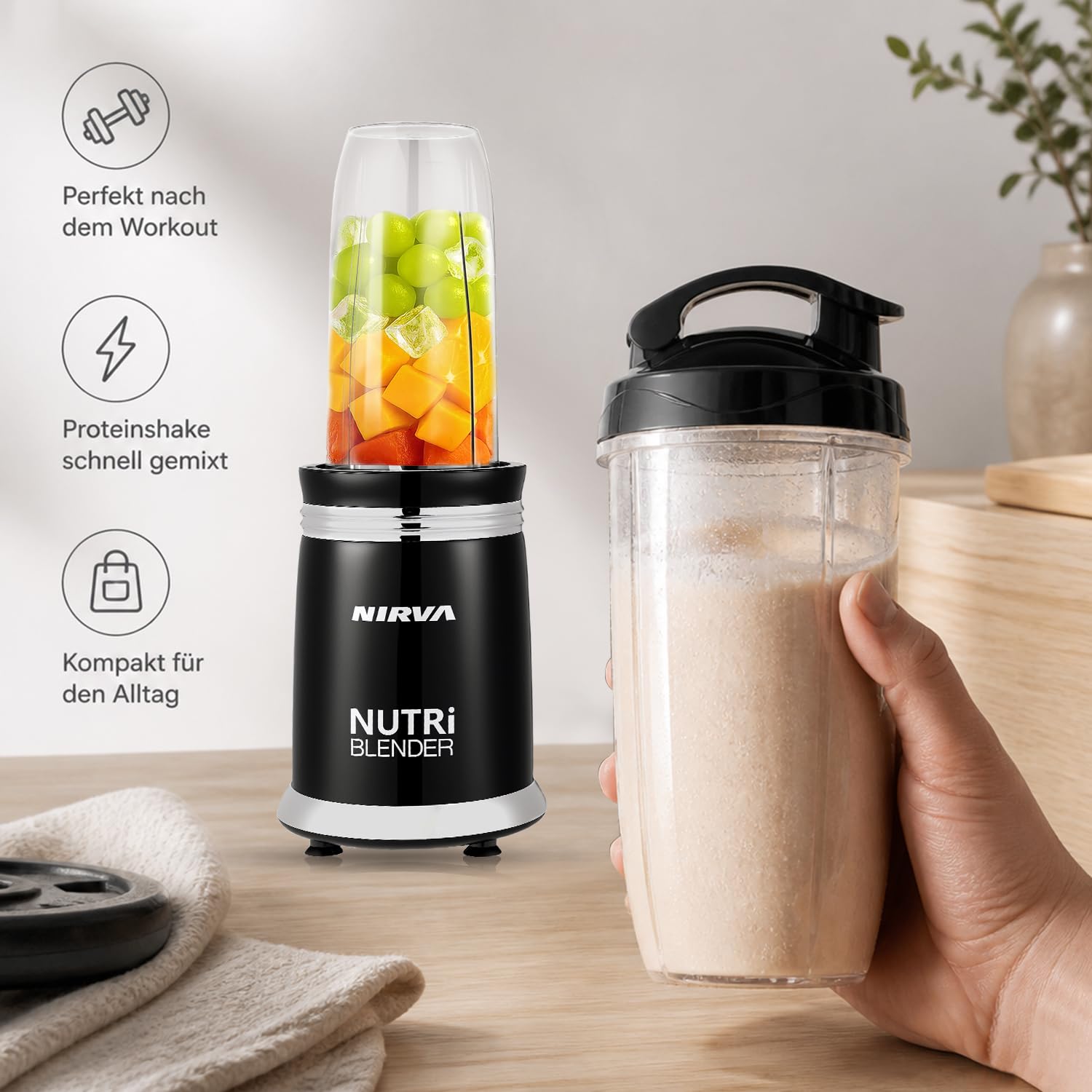 Nirva Smoothie Maker, Standmixer 2 in 1 mit Kaffeemühle, 25000 U/min Elektrischer Mixer für Shakes und Smoothies, 4 Klingen Edelstahlmesser, Personal Blender mit 4 Mixbechern & To-Go Deckel
