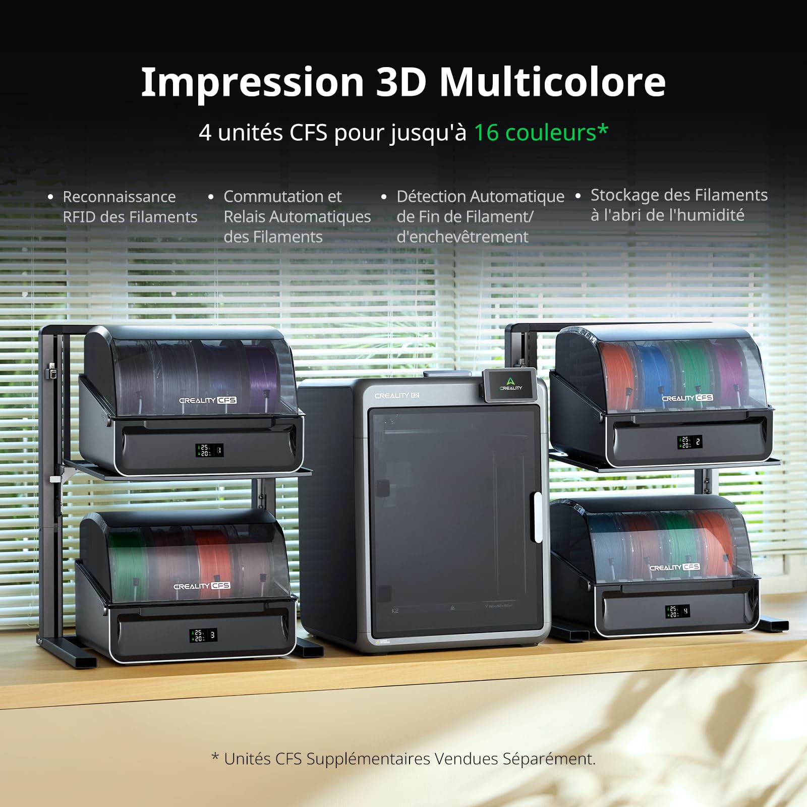 Creality K2 Combo (A) Imprimante 3D, Multicolore avec CFS, Vitesse d'impression Maximale de 600 mm/s, Nivellement Automatique Intelligent et Caméra IA, Volume d'impression de 260×260×260 mm