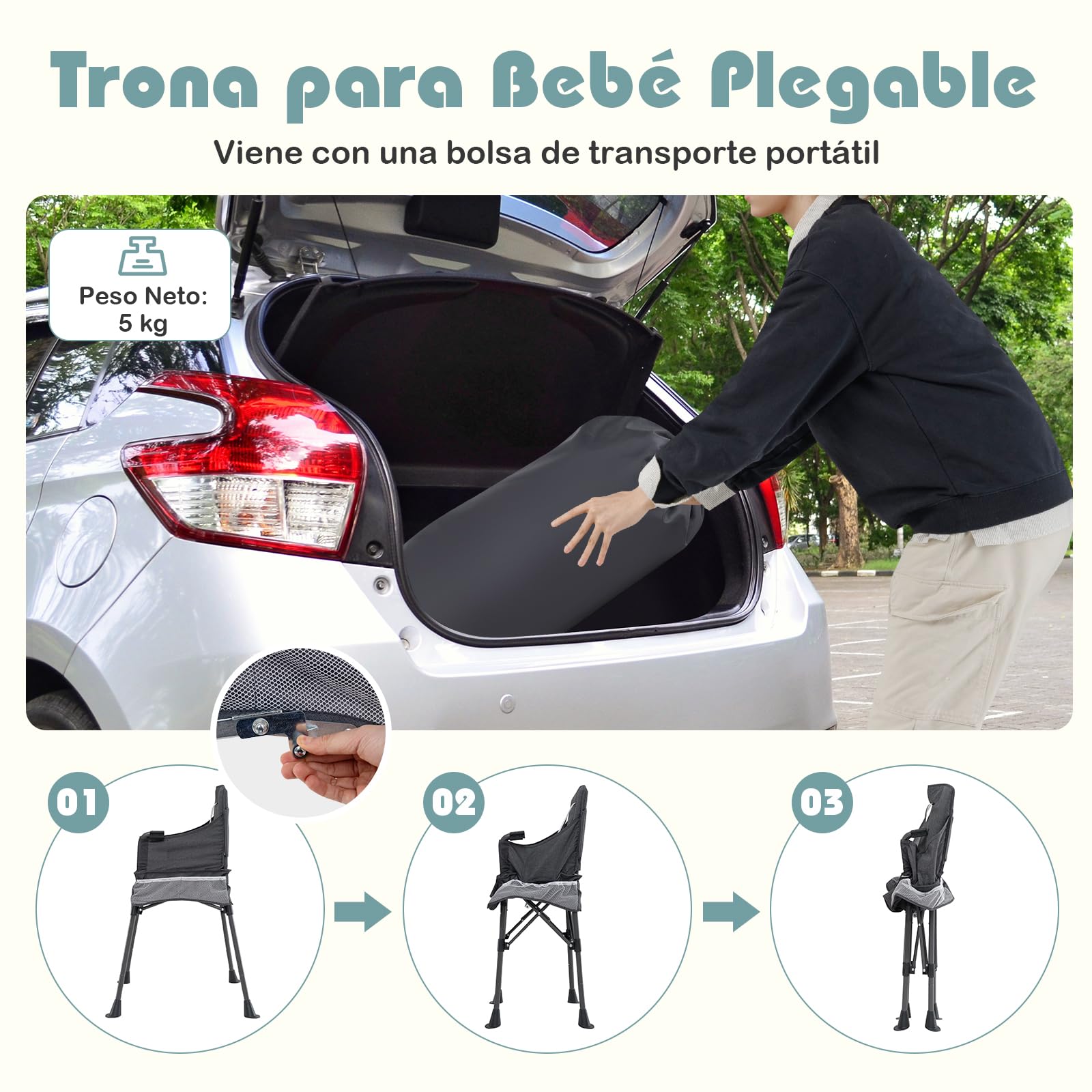 GOPLUS Trona Plegable para Bebés, Silla Alta Portátil Moderna de Viaje con Bandeja de 2 Posiciones, Protector Ajustable de Seguridad, Tejido Lavable, Bolsillos para Comer para Bebés de 6 a 36 Meses