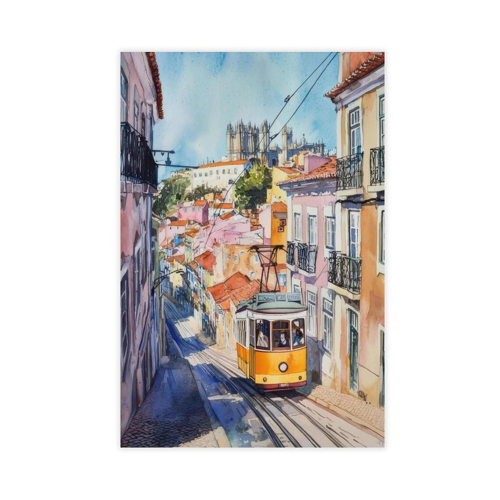 Qogdaf Lisbon Watercolor Portugal Canvas Poster Wall Art Decor Print Picture Paintings For Living Room Bedroom Decoration 16X24inch(40X60cm)