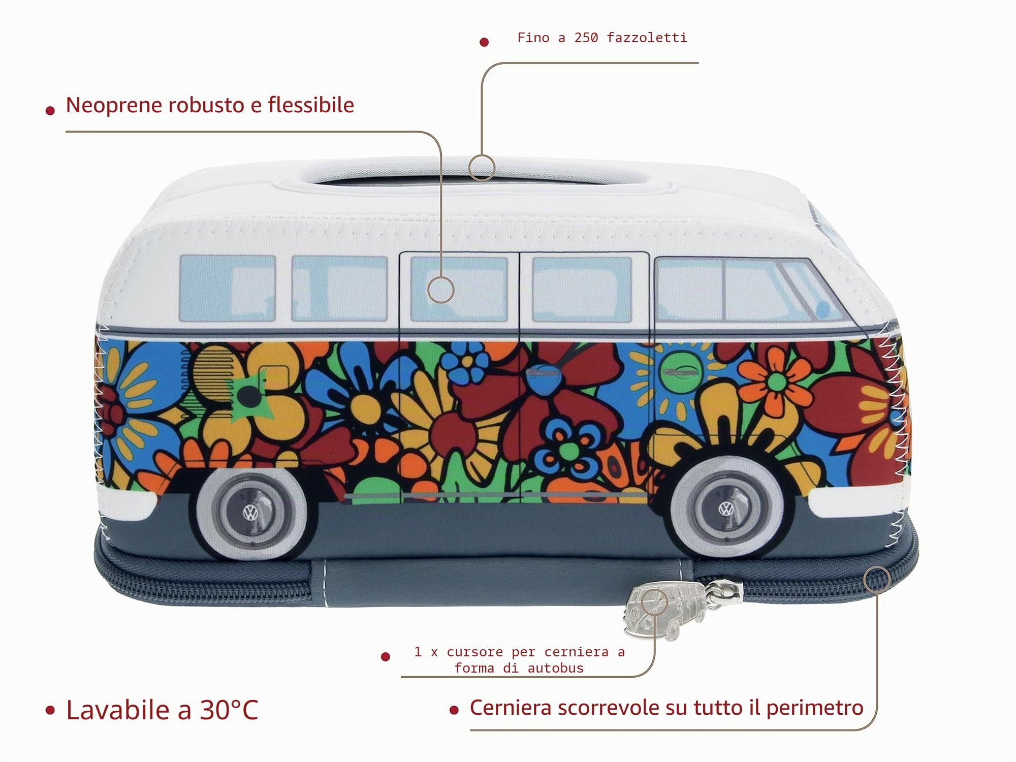 BRISA VW Collection - Volkswagen Porta fazzoletti in Neoprene, dispenser di fazzoletti per comodino, salotto, Campervan T1 Bus design (Flower Power/Multicolore)