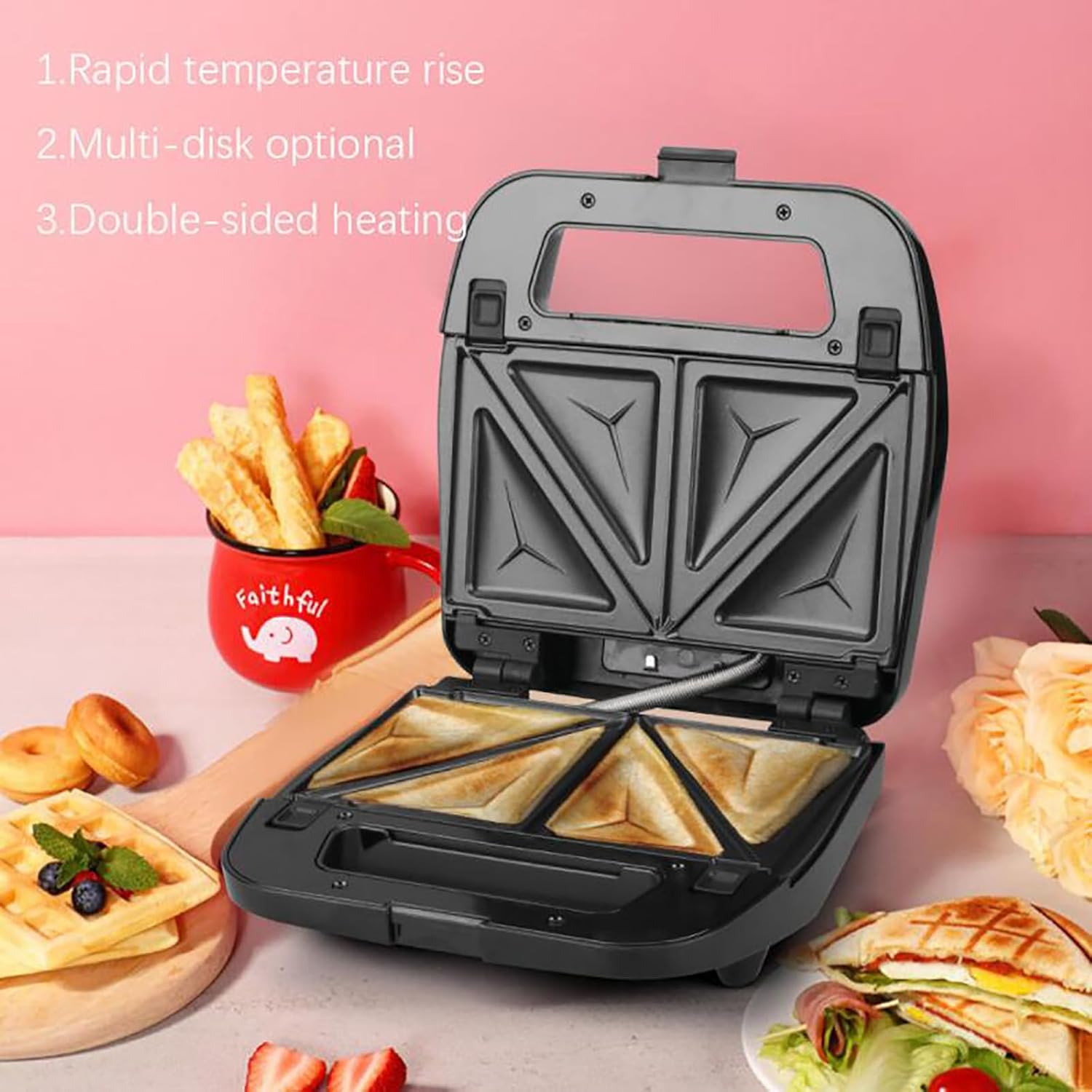 Maker 3 in 1, Waffle Make with Removable Plate, Nonstick Electric Panini Press Grill, Indoor Sandwich Toaster with Detachable Non-Stick Coating, LED Indicator Lights and Handle