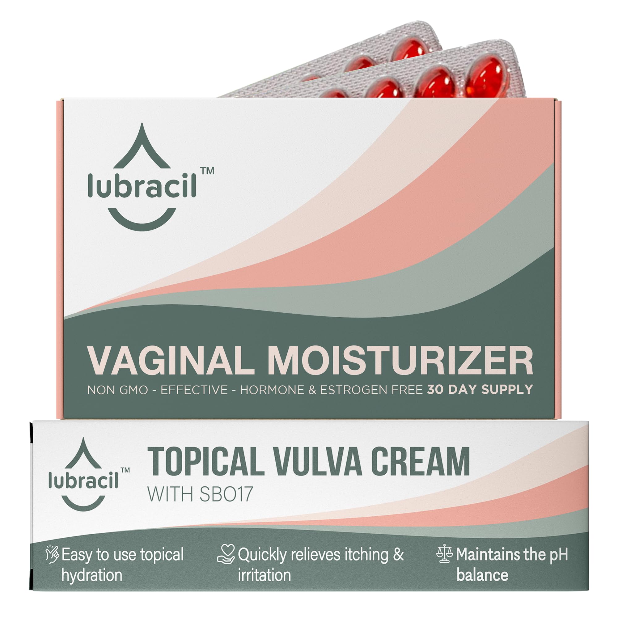Lubracil - Increase Vaginal Moisture Set of: Moisturizing Cream & Feminine Dryness Ease Pills with Omega 6, 7, & 9, Vitamins A & E for Itching and Burning Relief, Estrogen Free - 1.76 Fl Oz & 60 Pills