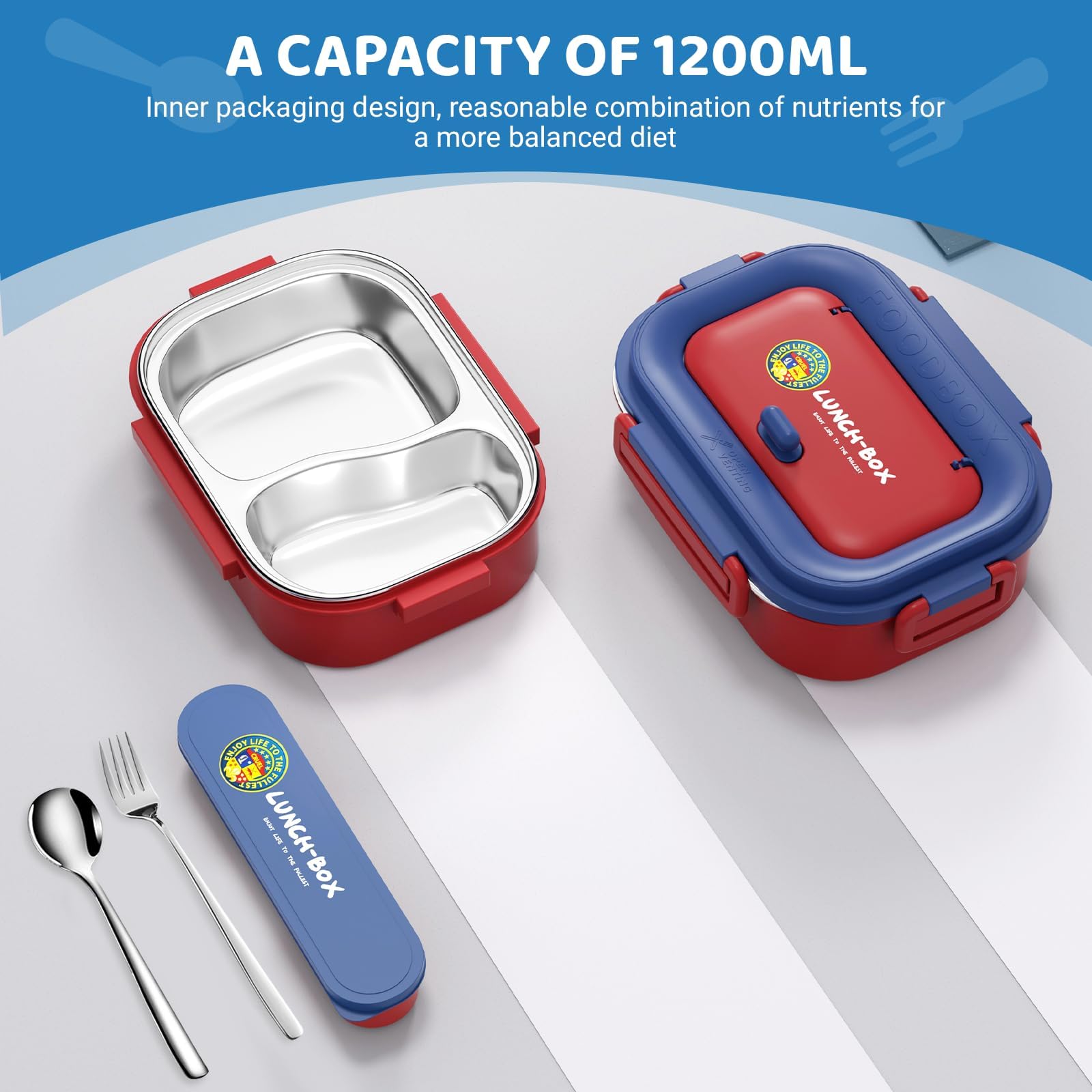 Contenitore per il pranzo per adulti, in acciaio inox, per bambini, con scomparti, Porta Pranzo Campus - Porta Pranzo Bento per Bambini - Scomparto Bento e Forchetta - 1200 ml